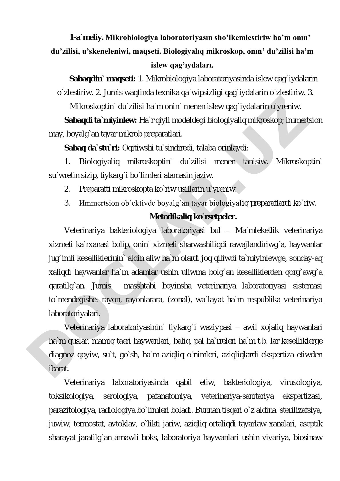 Mikrobiologiya laboratoriyasın sho’lkemlestiriw ha’m onın’ du’zilisi, u’skeneleniwi, maqseti