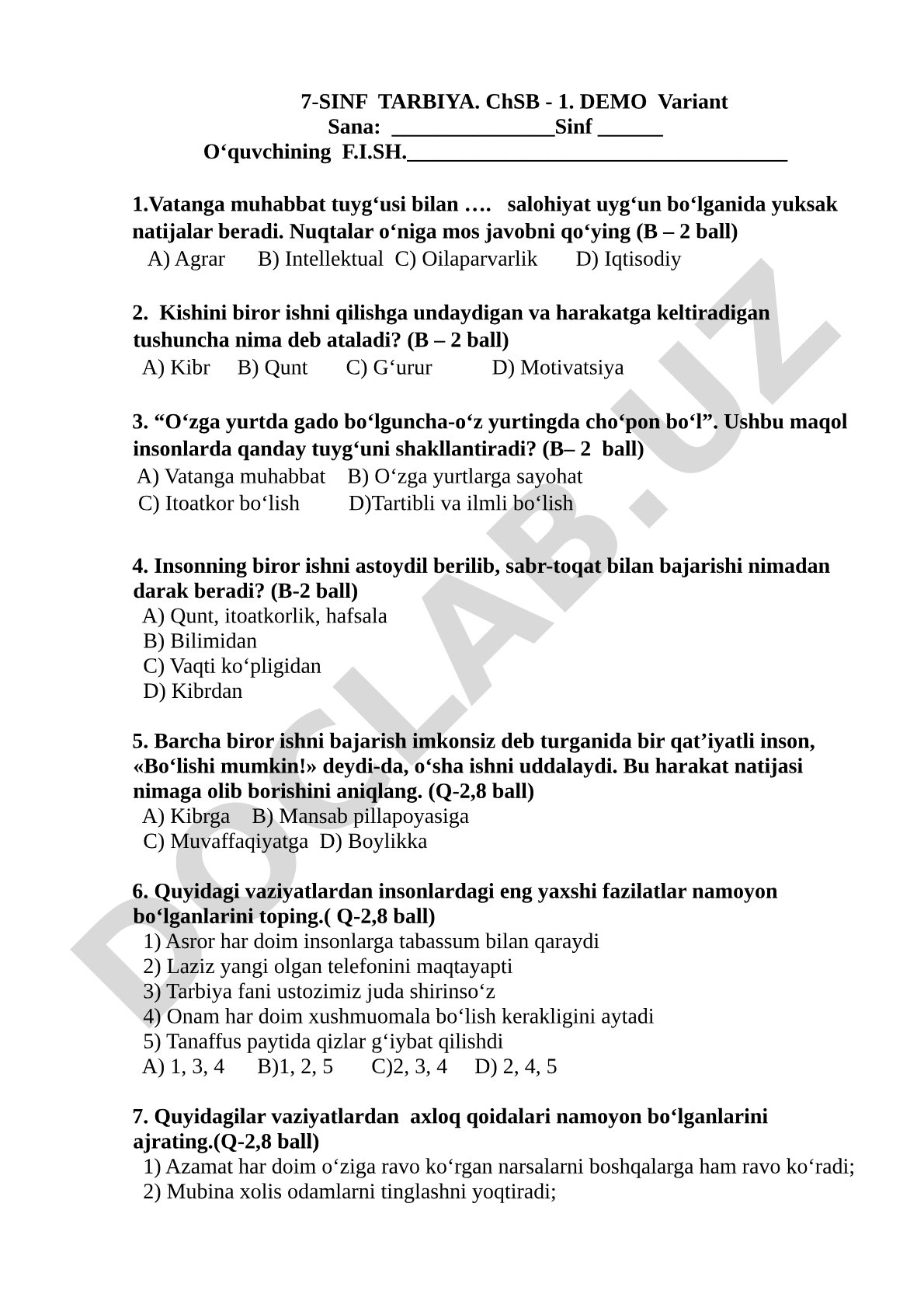 7-sinf Tarbiya fanidan ChSB demo test savollari