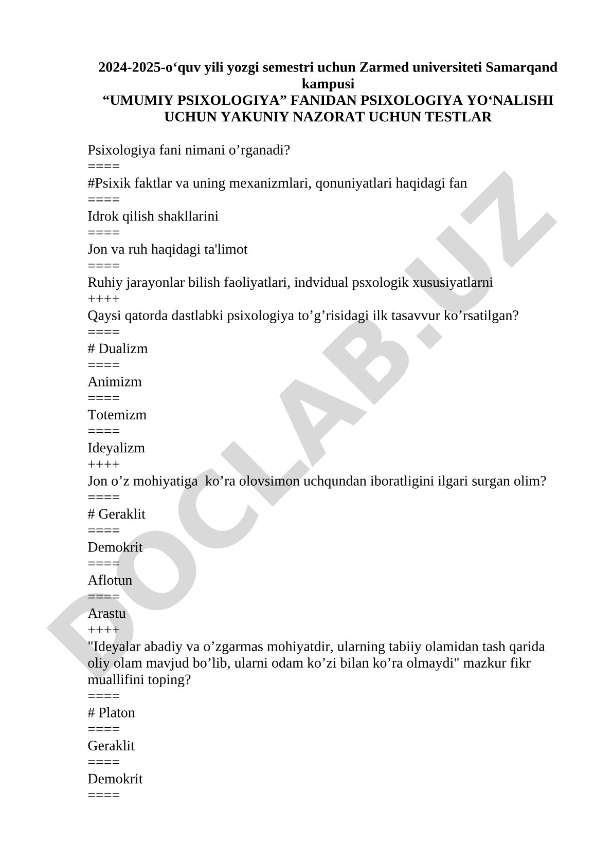 Umumiy psixologiya fanidan