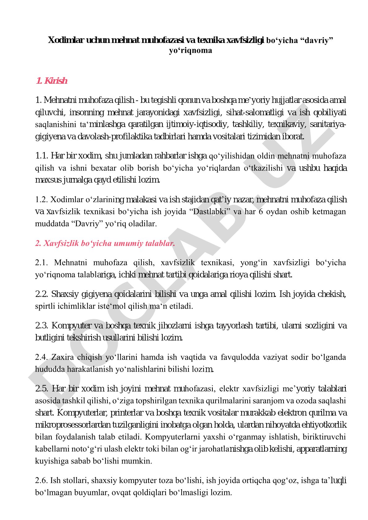 Xodimlar uchun mehnat muhofazasi va texnika xavfsizligi boʻyicha davriy yoʻriqnoma