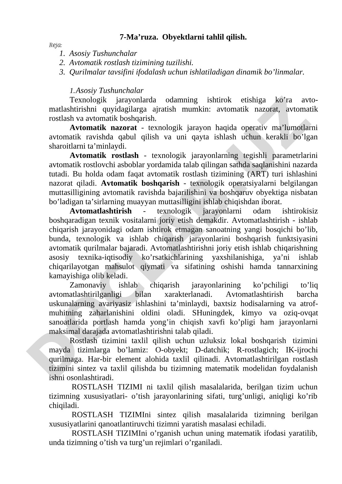 Obyektlarni tahlil qilish. Avtomatik rostlash tizimining tuzilishi