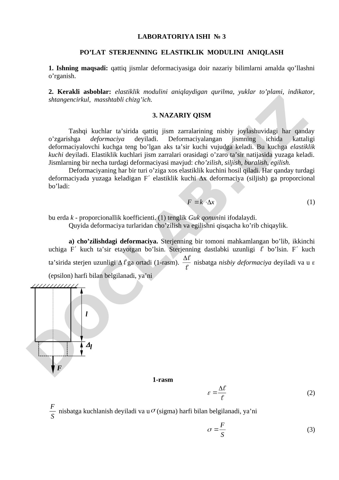 Po’lat sterjenning elastiklik modulini aniqlash