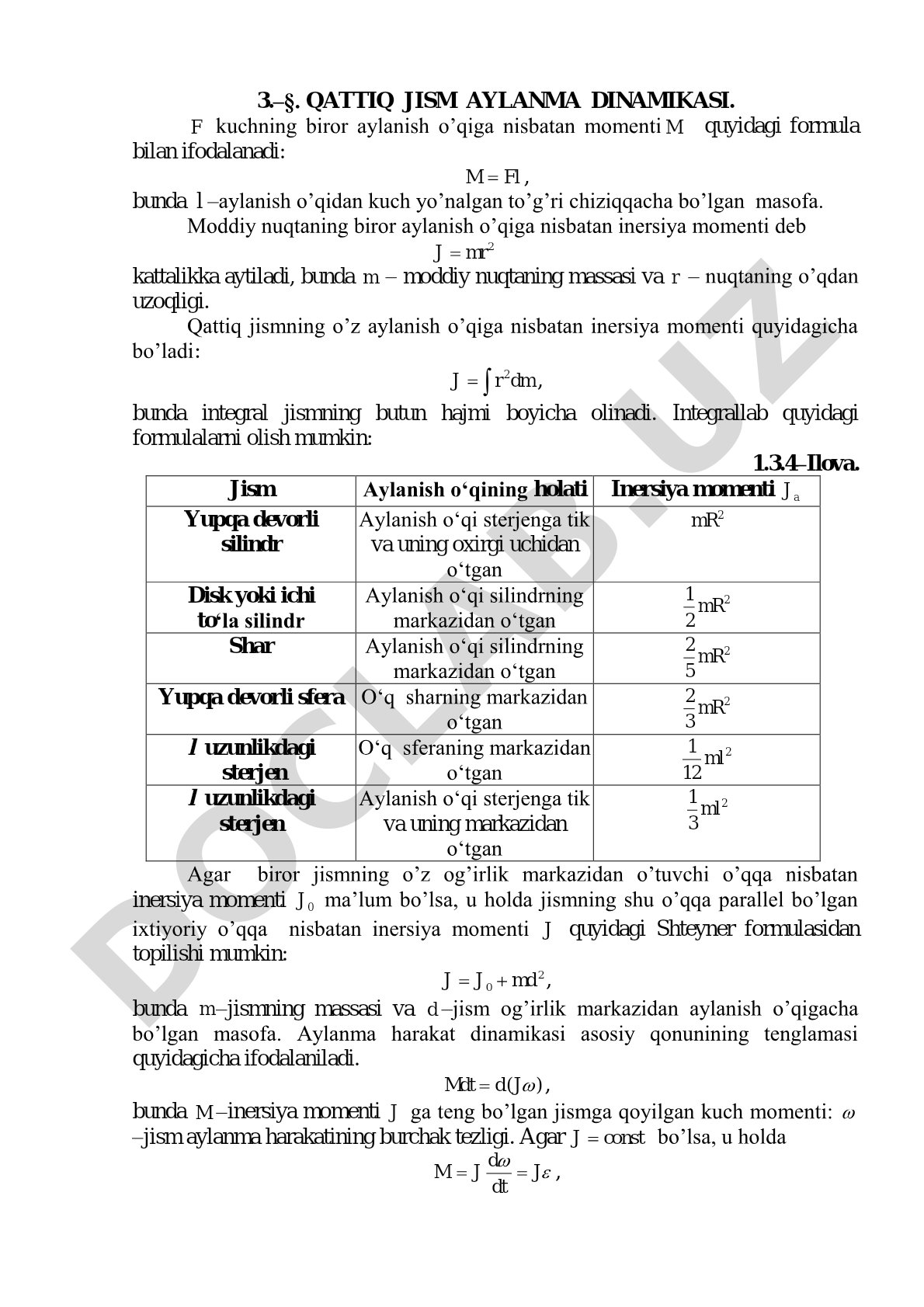 Qattiq jism aylanma dinamikasi va inersiya momenti