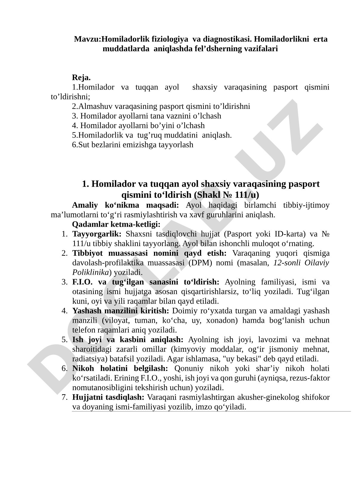 Homiladorlik fiziologiya va diagnostikasi. Homiladorlikni erta muddatlarda aniqlashda fel’dsherning vazifalari