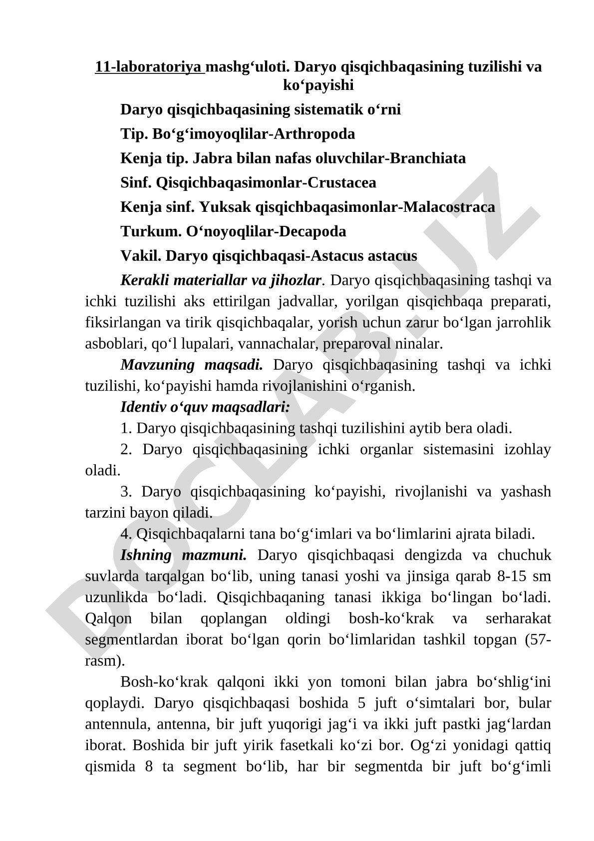 Daryo qisqichbaqasining tuzilishi va ko'payishi