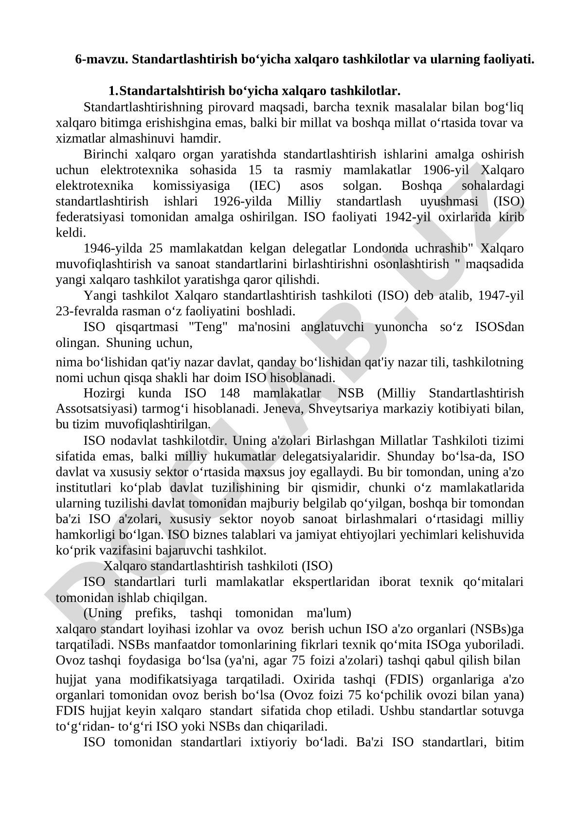 Standartlashtirish bo‘yicha xalqaro tashkilotlar va ularning faoliyati