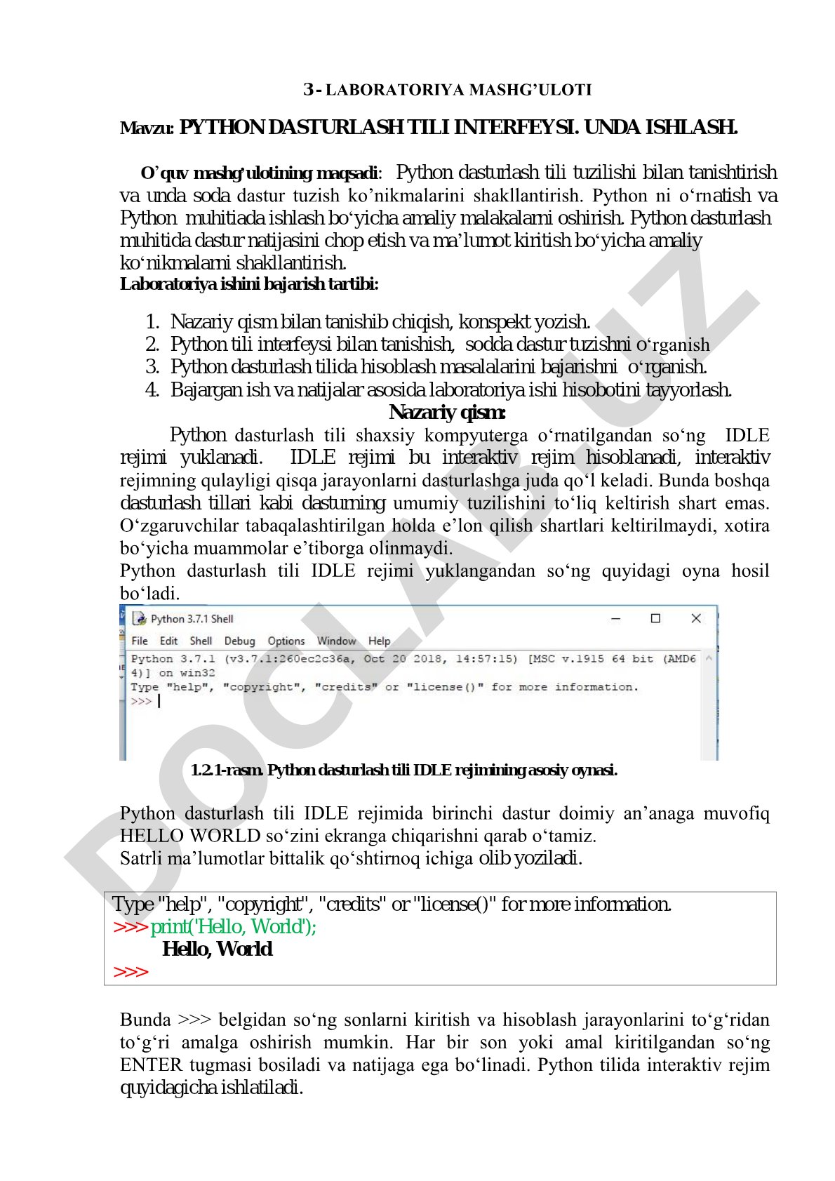PYTHON DASTURLASH TILI INTERFEYSI. UNDA ISHLASH