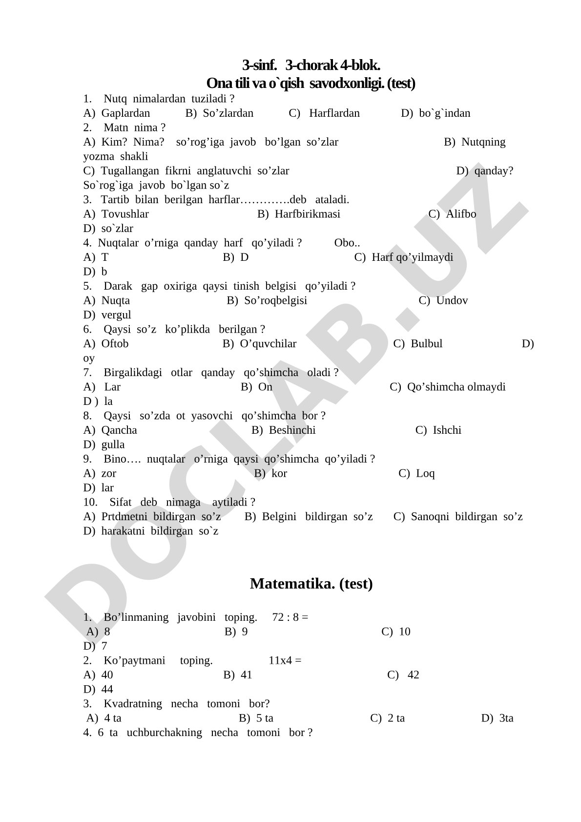 3-sinf ona tili va matematika bo'yicha test savollari
