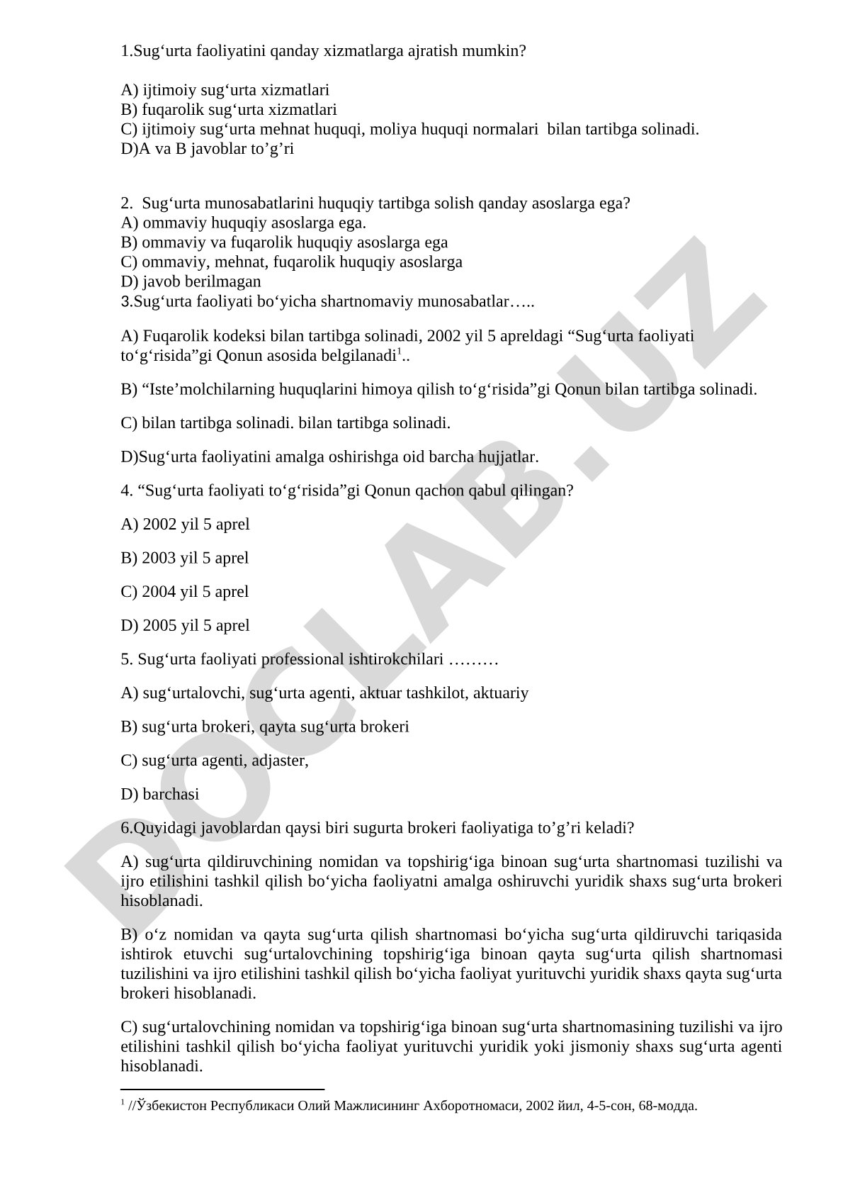 Sug'urta faoliyati bo'yicha test savollari