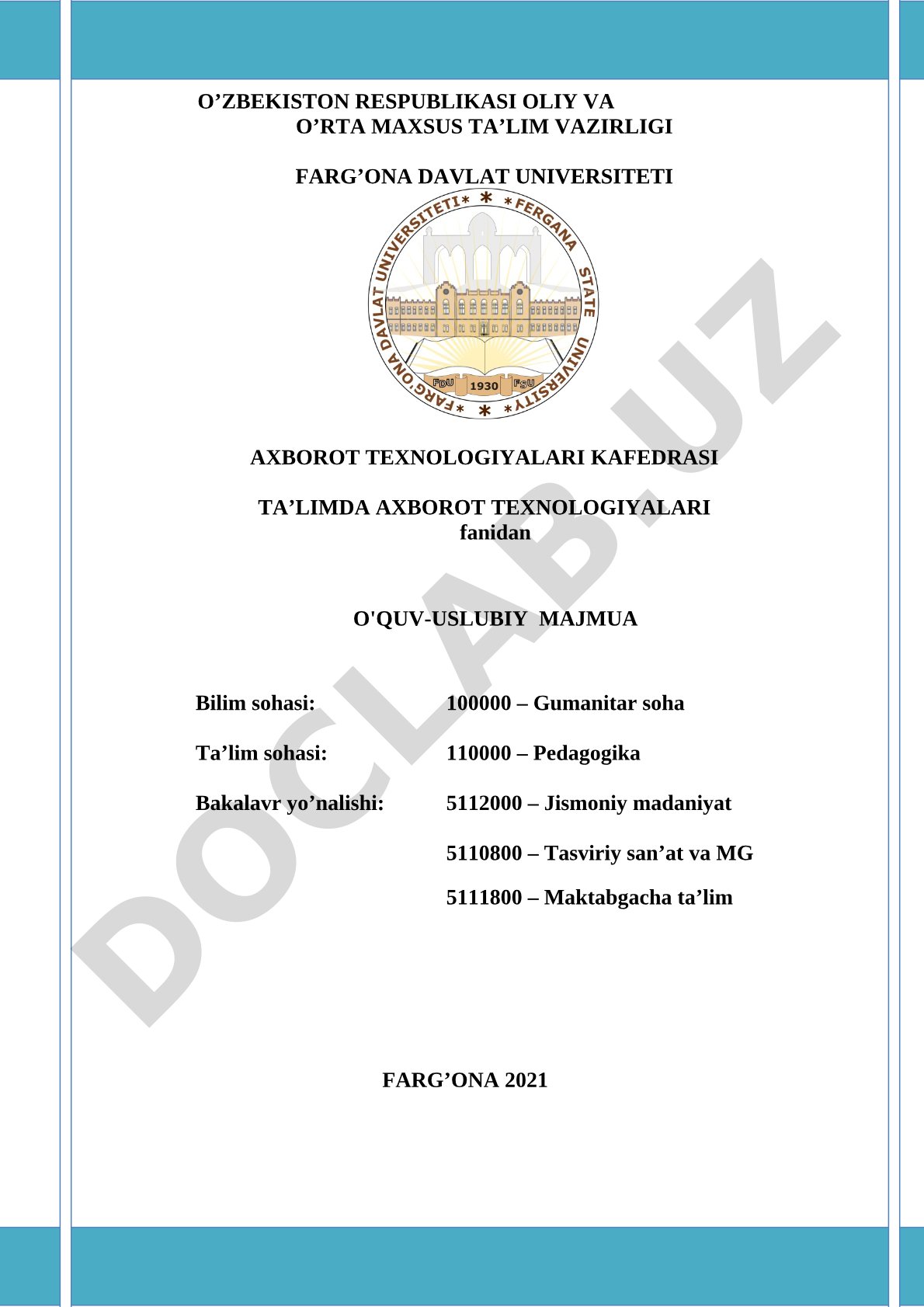 Ta'limda axborot texnologiyalari fanidan o'quv-uslubiy majmua