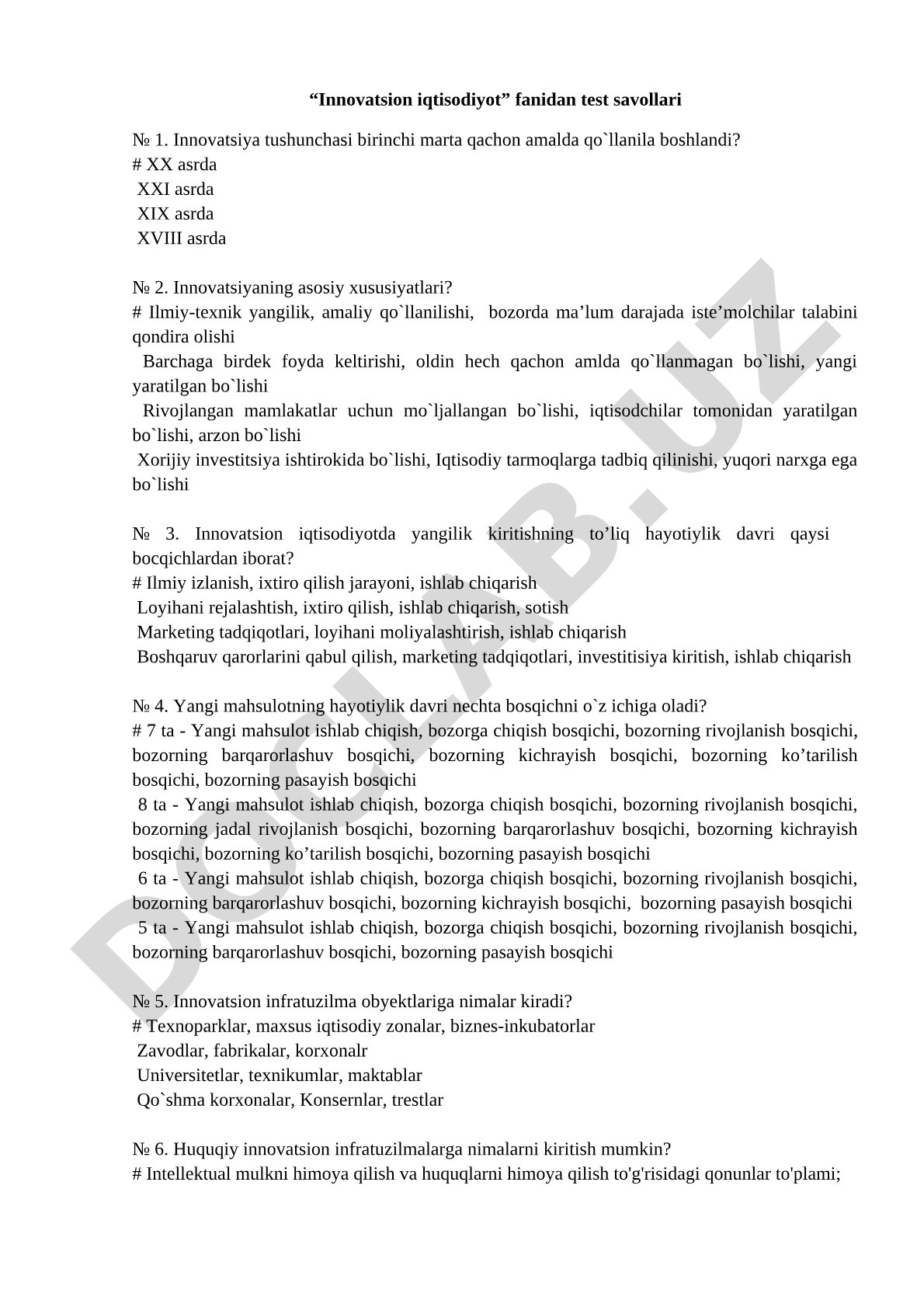 Innovatsion iqtisodiyot fanidan test savollari