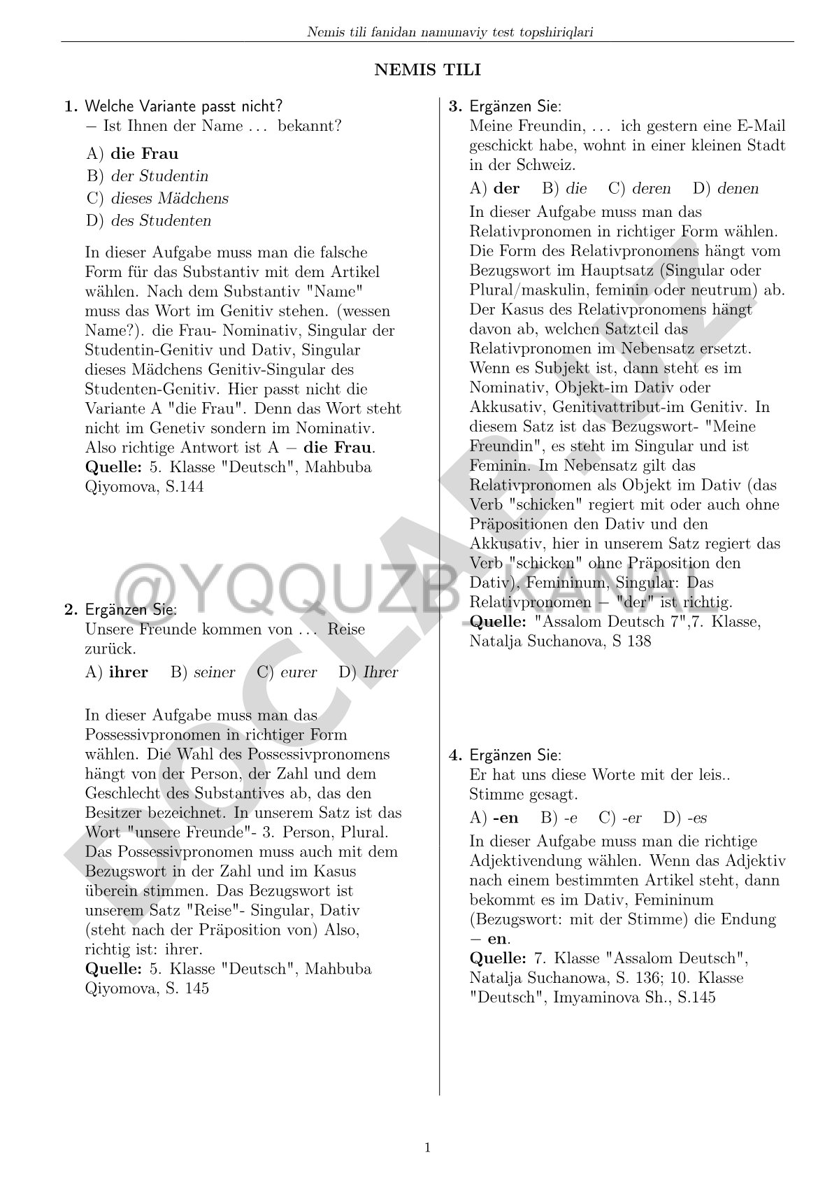 Nemis tili fanidan namunaviy test topshiriqlari