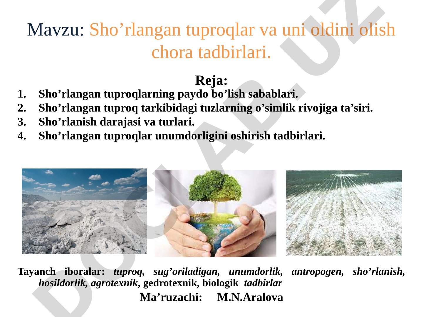 Sho’rlangan tuproqlar va uni oldini olish chora tadbirlari