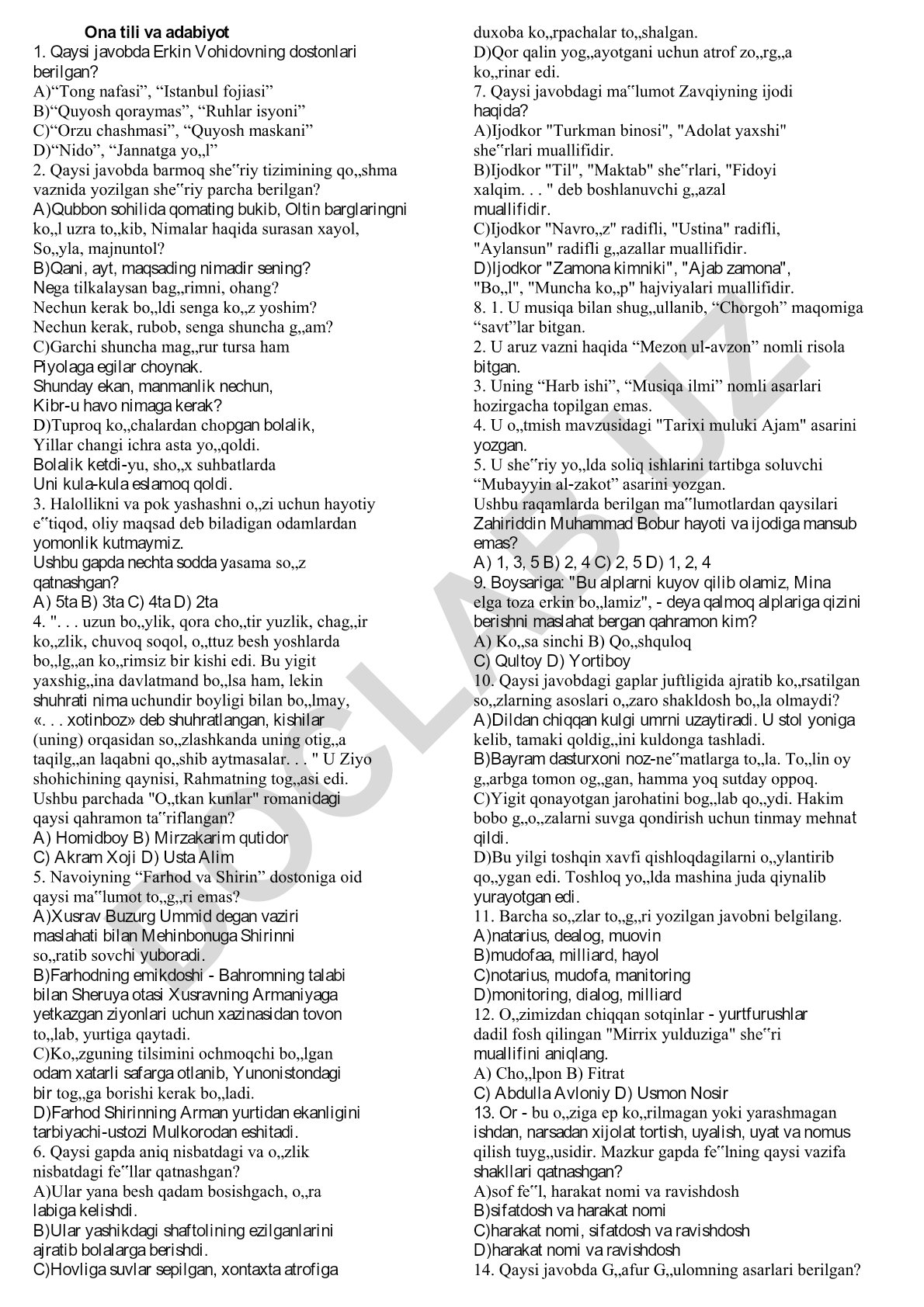 Ona tili va adabiyot fanidan test savollari