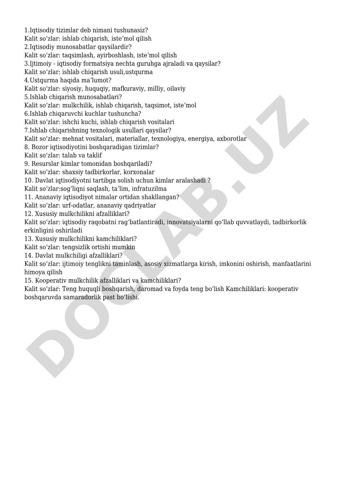 Iqtisodiy tizimlar va munosabatlar bo'yicha savollar