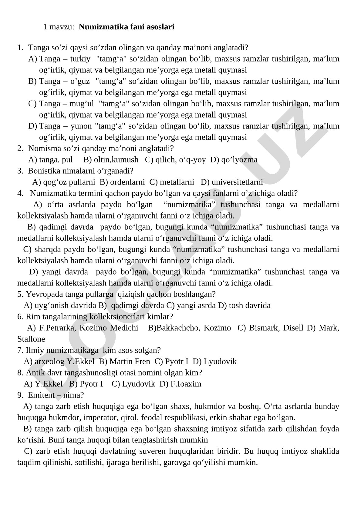 Numizmatika faniga oid savol-javoblar, tanga tarixi va atamalar