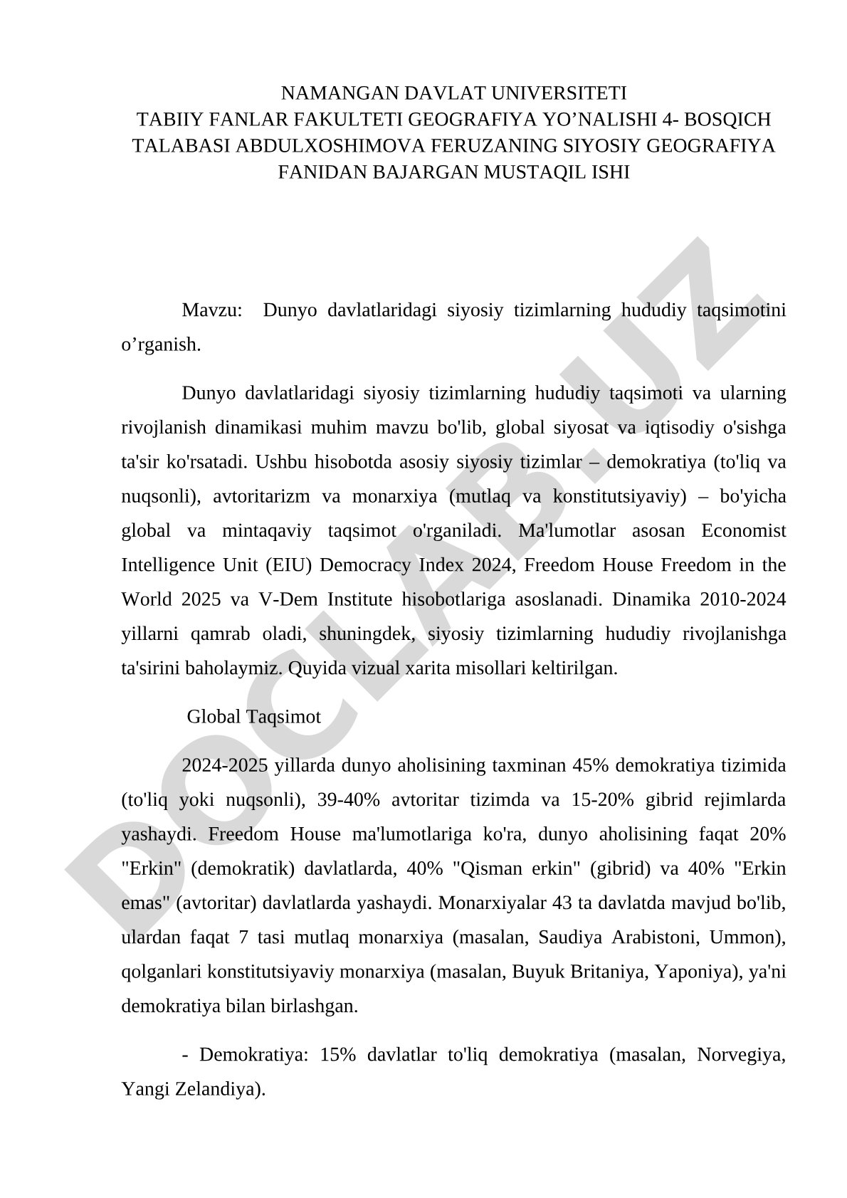 Dunyo davlatlaridagi siyosiy tizimlarning hududiy taqsimotini o'rganish