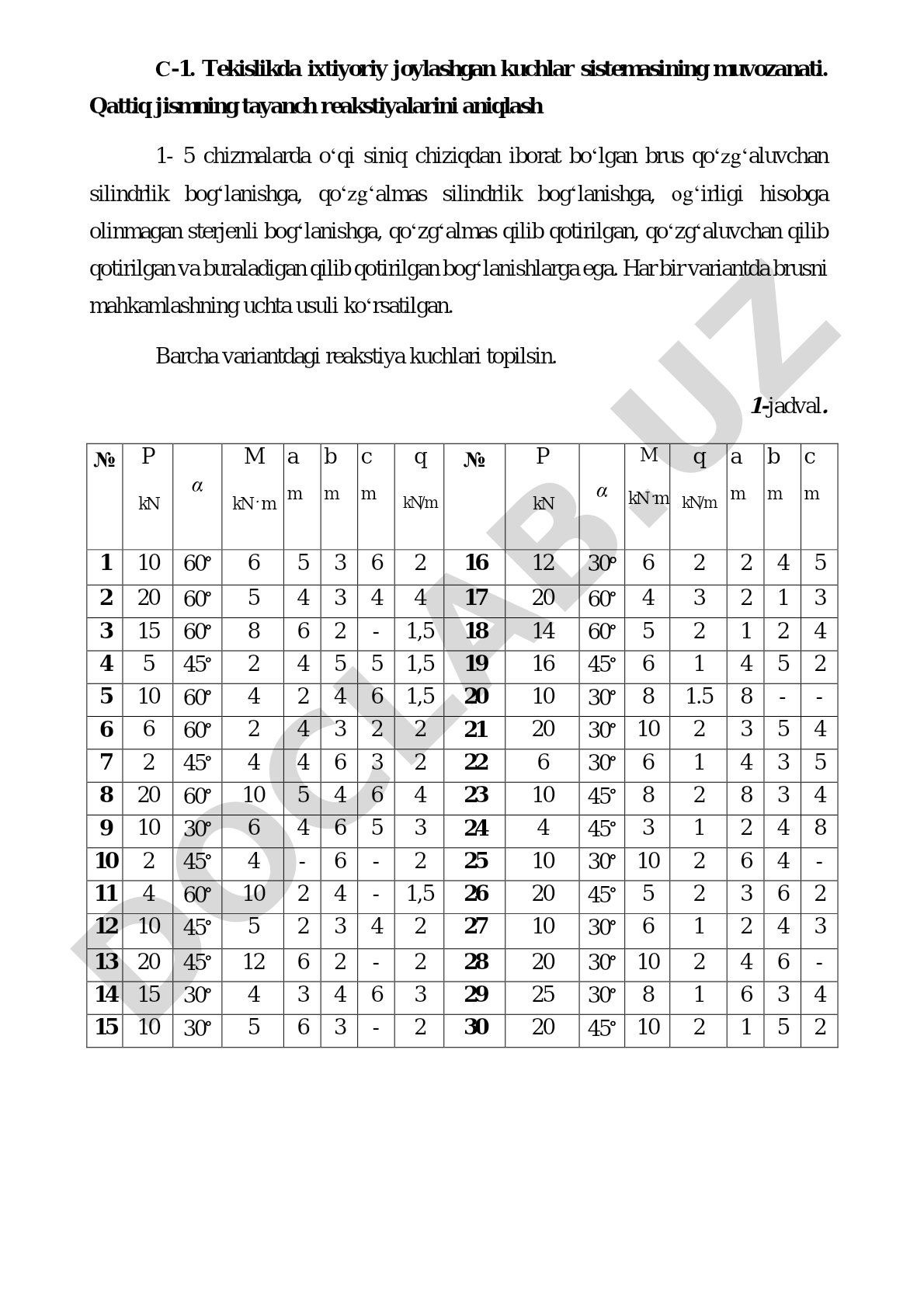 Tekislikda ixtiyoriy joylashgan kuchlar sistemasining muvozanati. Qattiq jismning tayanch reakstiyalarini aniqlash