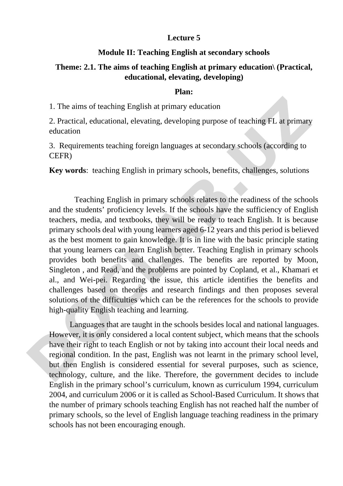 The aims of teaching English at primary education