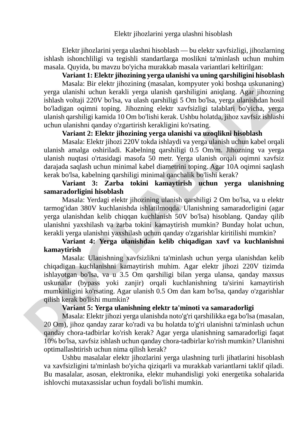 Elektr jihozlarini yerga ulashni hisoblash masalalari