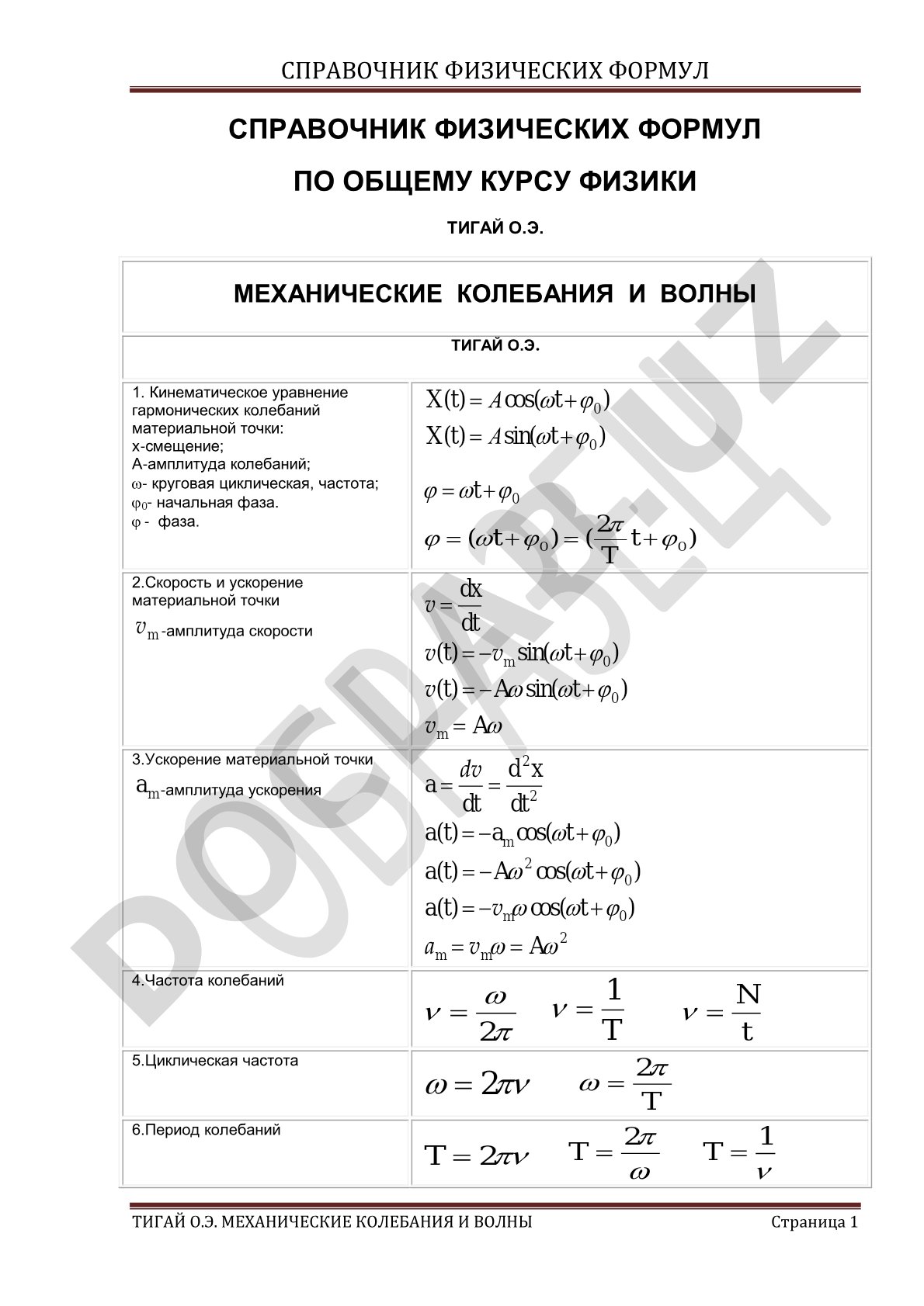 Справочник физических формул Тигай О.Э. механические колебания и волны