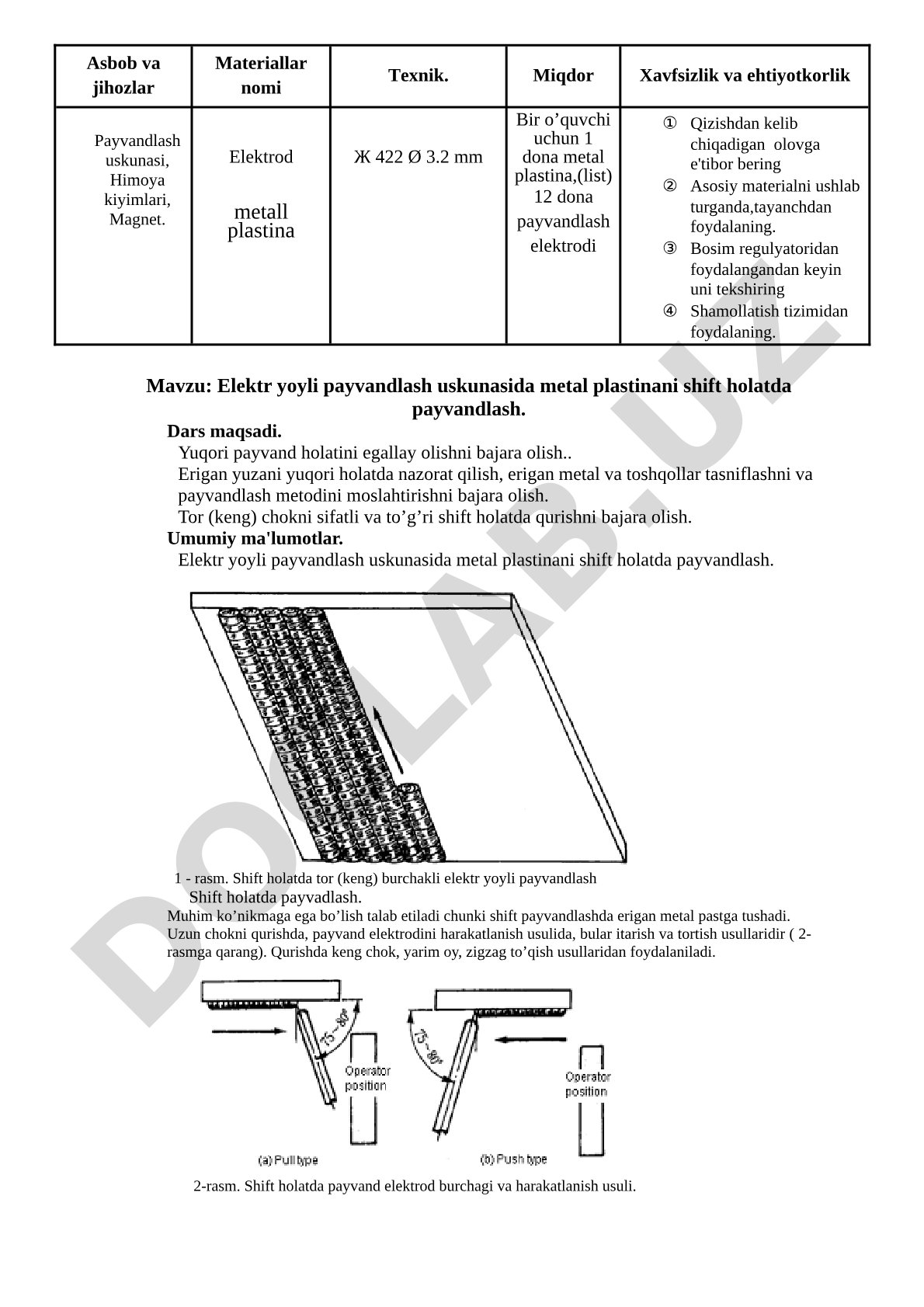 Elektr yoyli payvandlash uskunasida metal plastinani shift holatda payvandlash