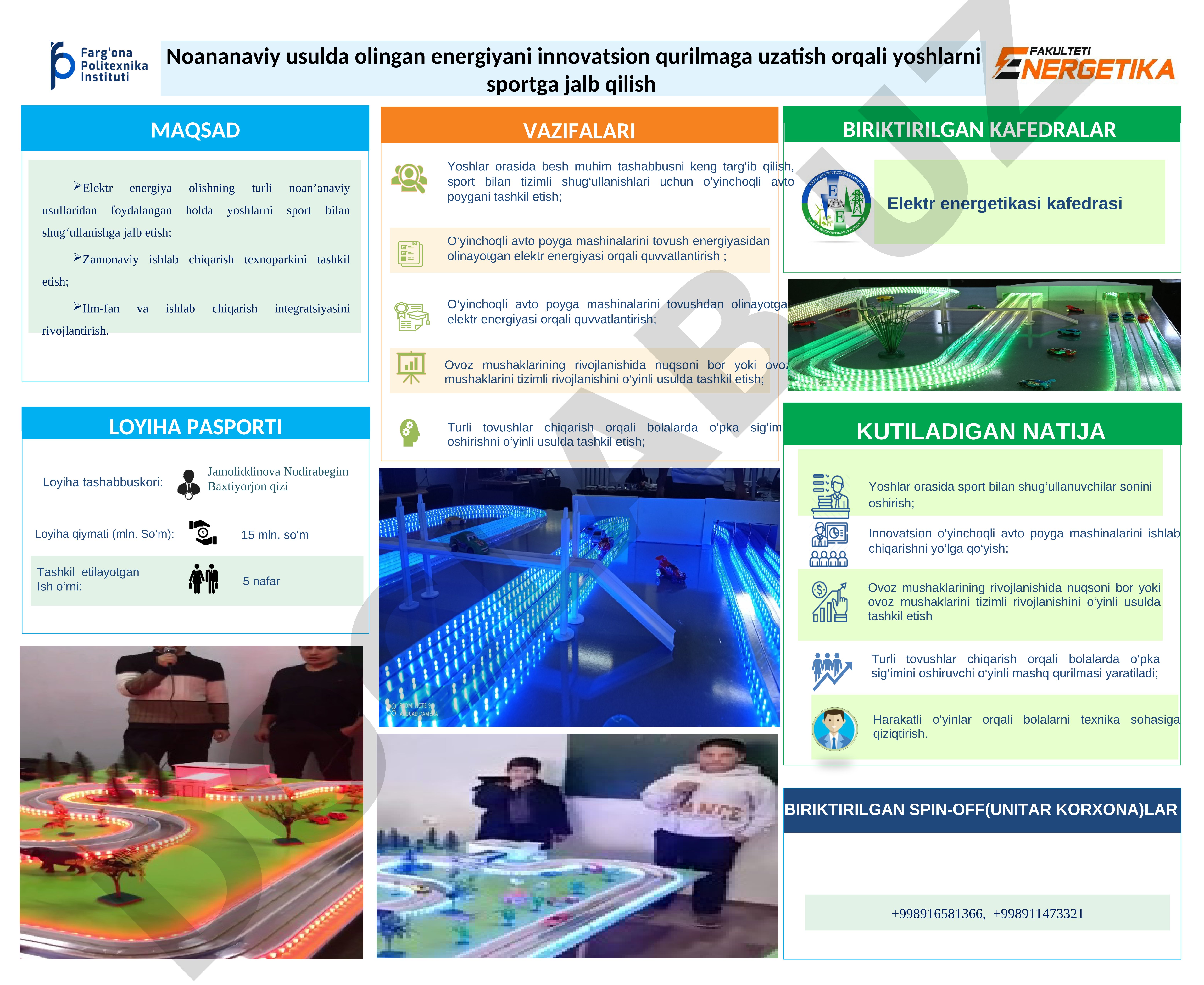 Noananaviy usulda olingan energiyani innovatsion qurilmaga uzatish orqali yoshlarni sportga jalb qilish
