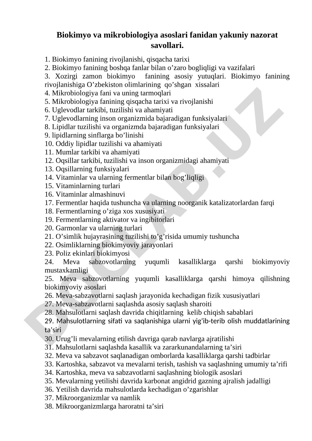 Biokimyo va mikrobiologiya asoslari fanidan yakuniy nazorat savollari