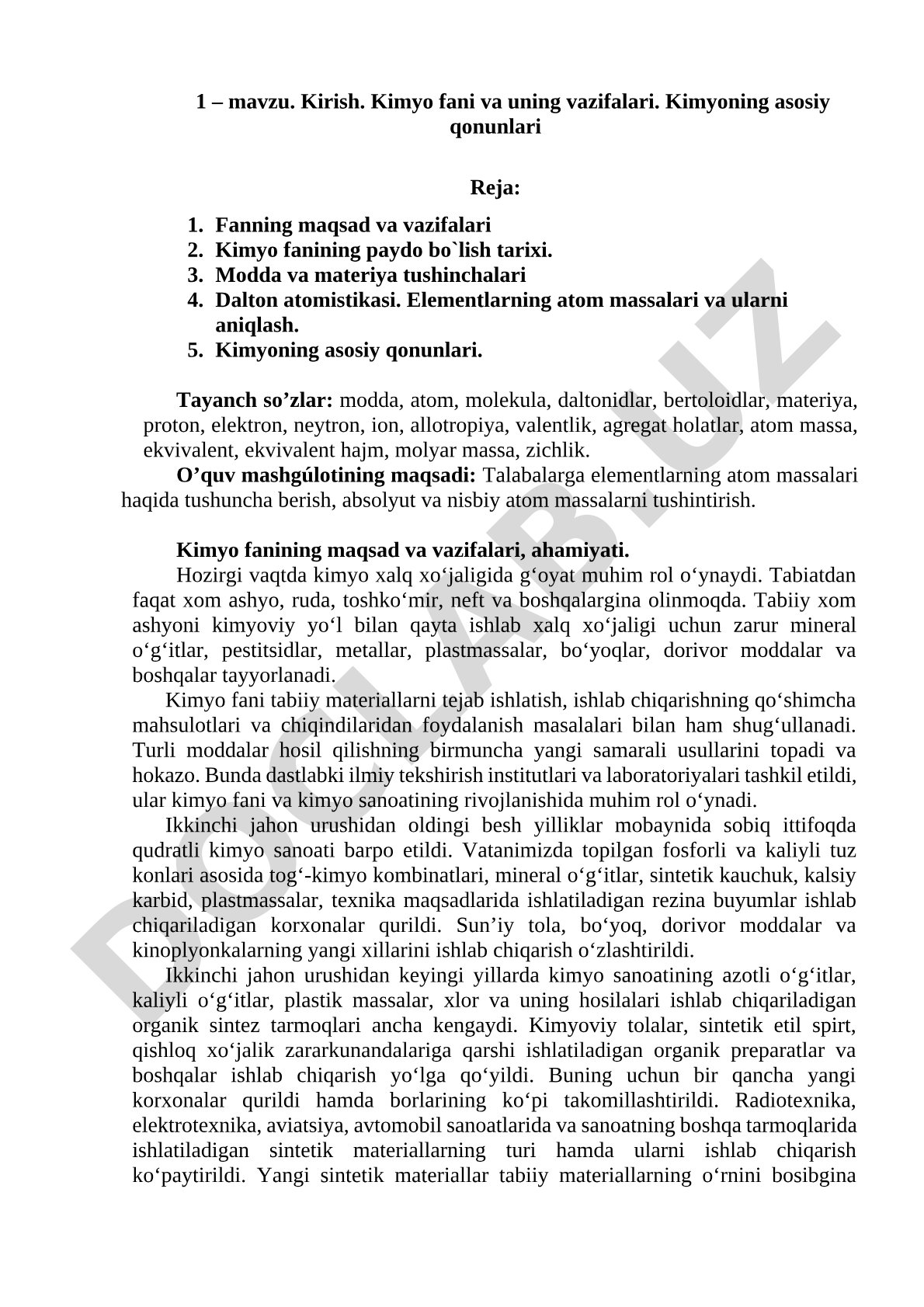Kirish. Kimyo fani va uning vazifalari. Kimyoning asosiy qonunlari