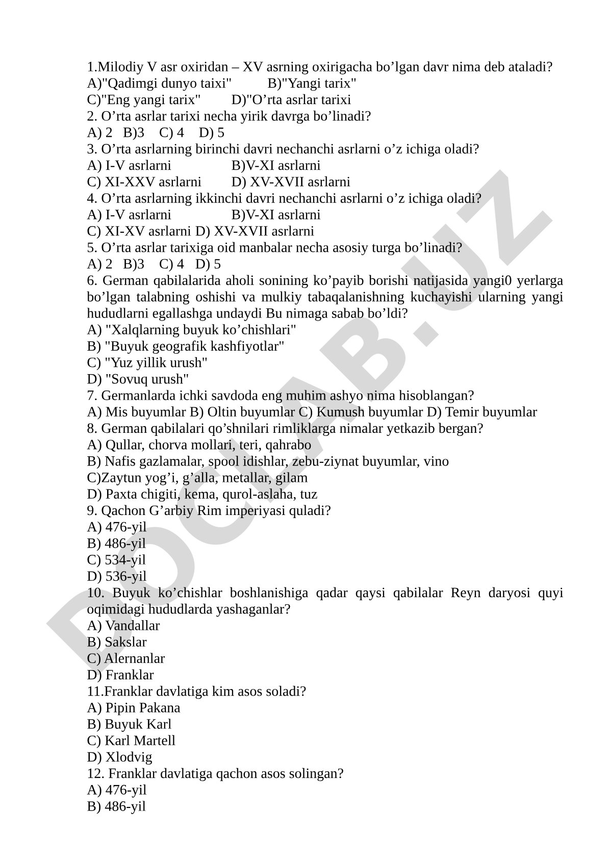 O'rta asrlar tarixi bo'yicha test savollari