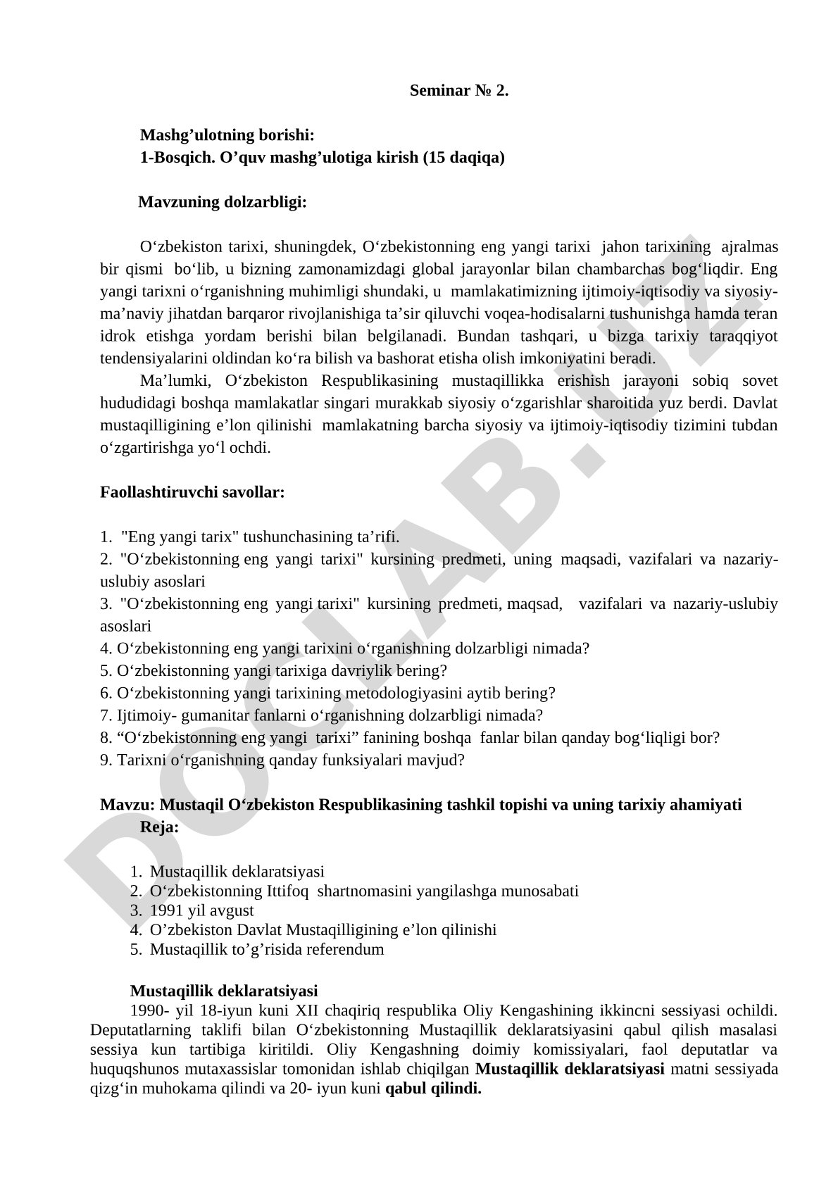 O'zbekistonning eng yangi tarixi seminar mashg'uloti