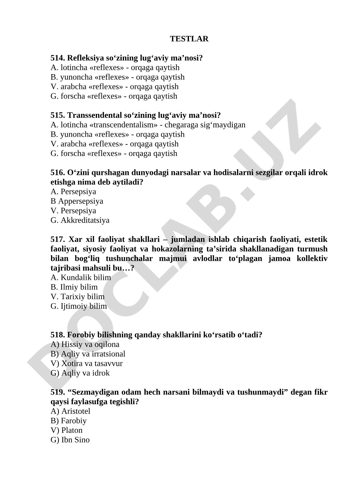 Falsafa fanidan bilish nazariyasi va falsafa tarixiga oid testlar