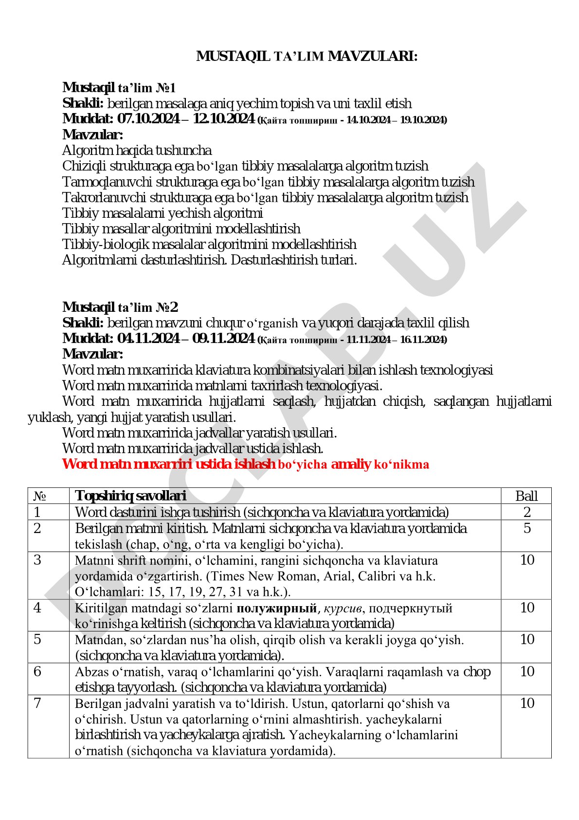 Mustaqil ta’lim mavzulari