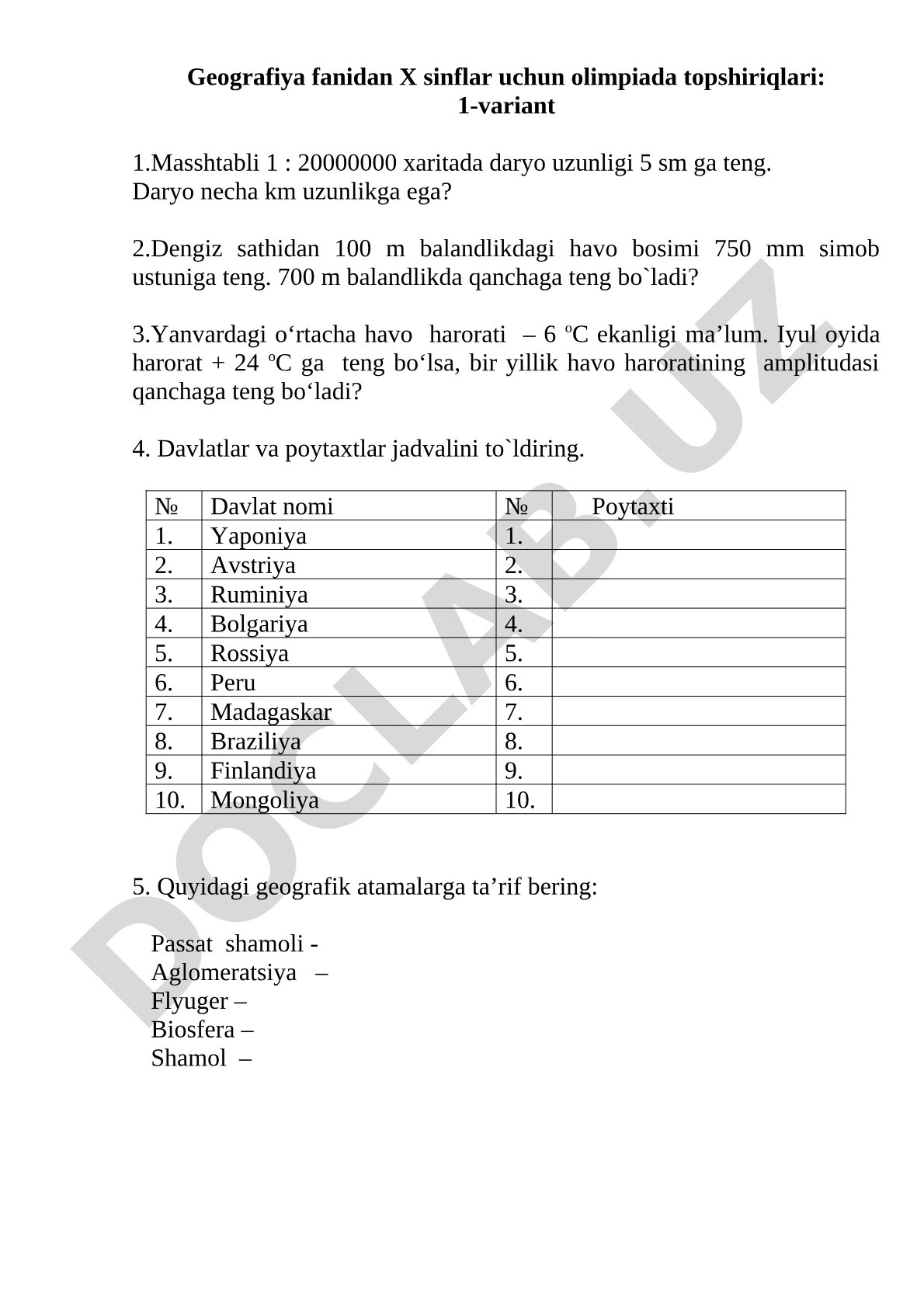 Geografiya fanidan X sinflar uchun olimpiada topshiriqlari