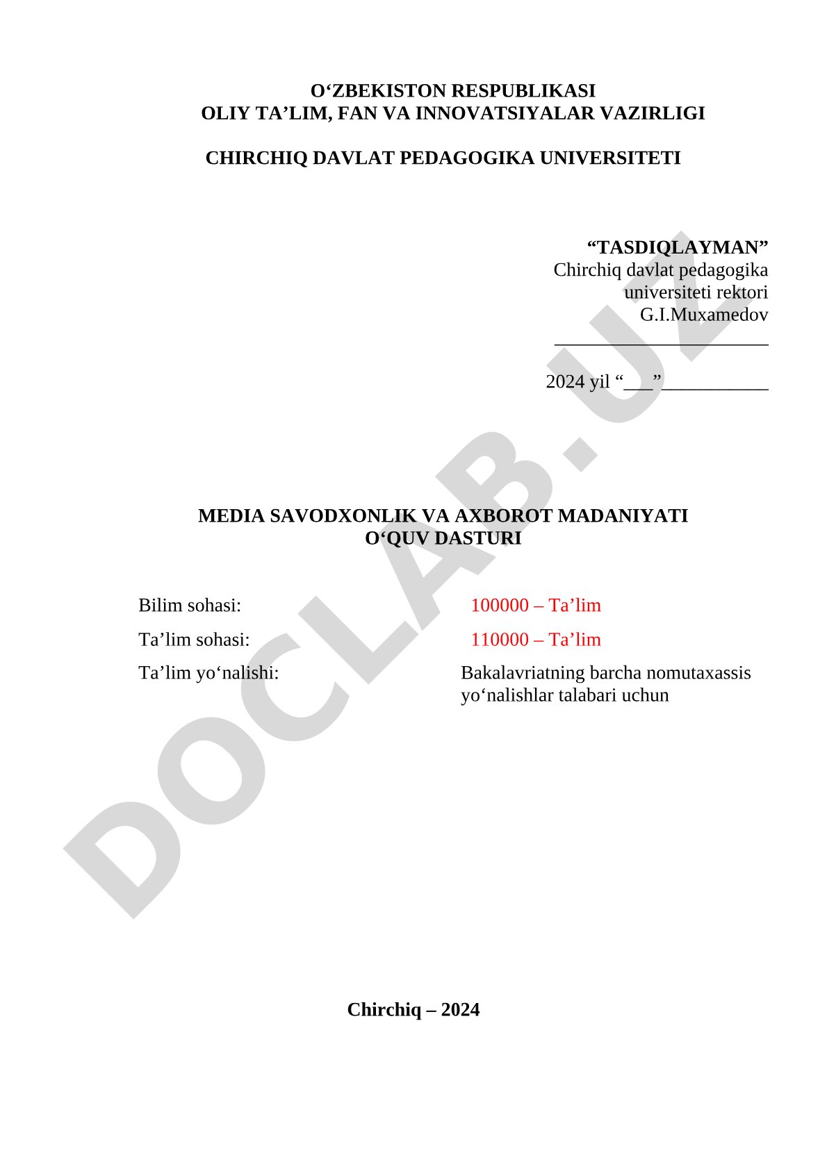 Media savodxonlik va axborot madaniyati o‘quv dasturi