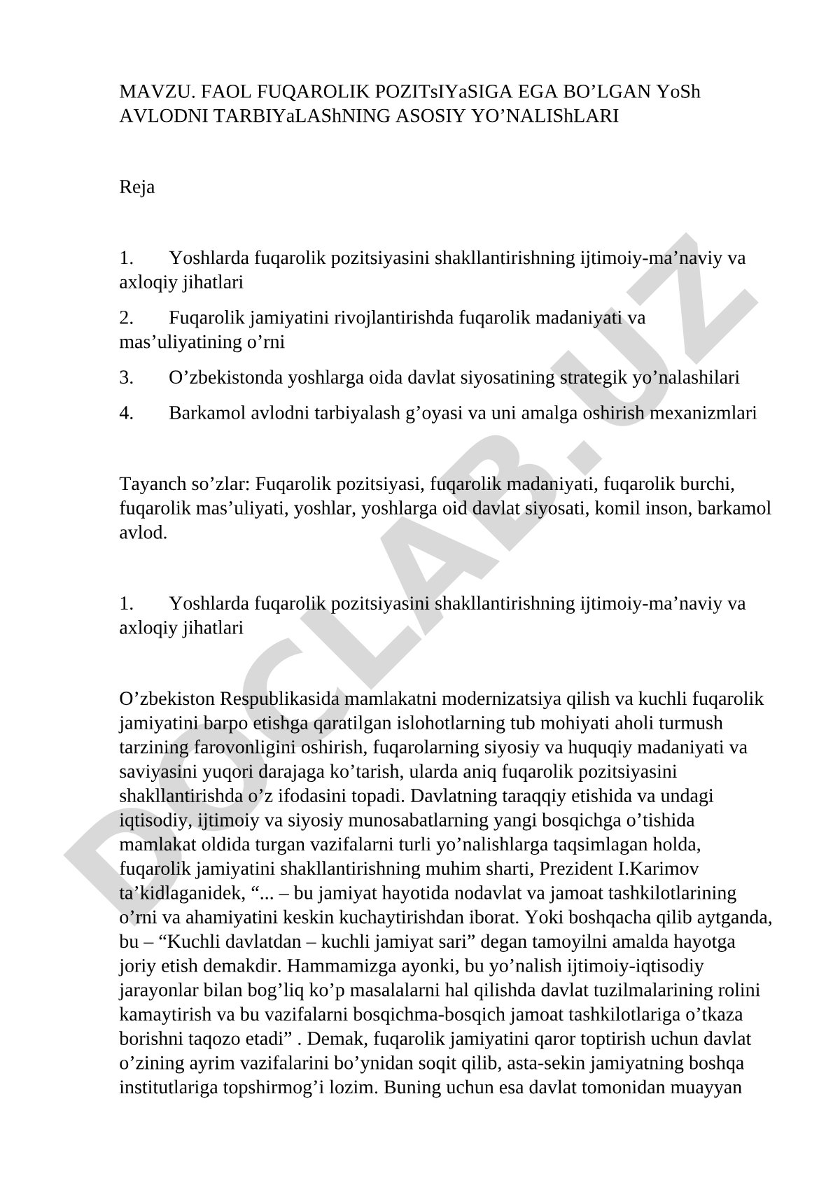 Faol fuqarolik pozitsiyasiga ega bo'lgan yosh avlodni tarbiyalashning asosiy yo'nalishlari