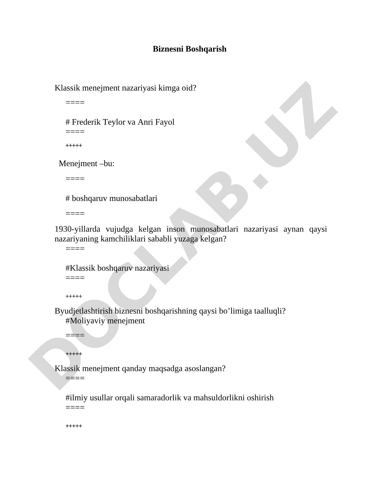 Biznesni boshqarish fanidan test savollari