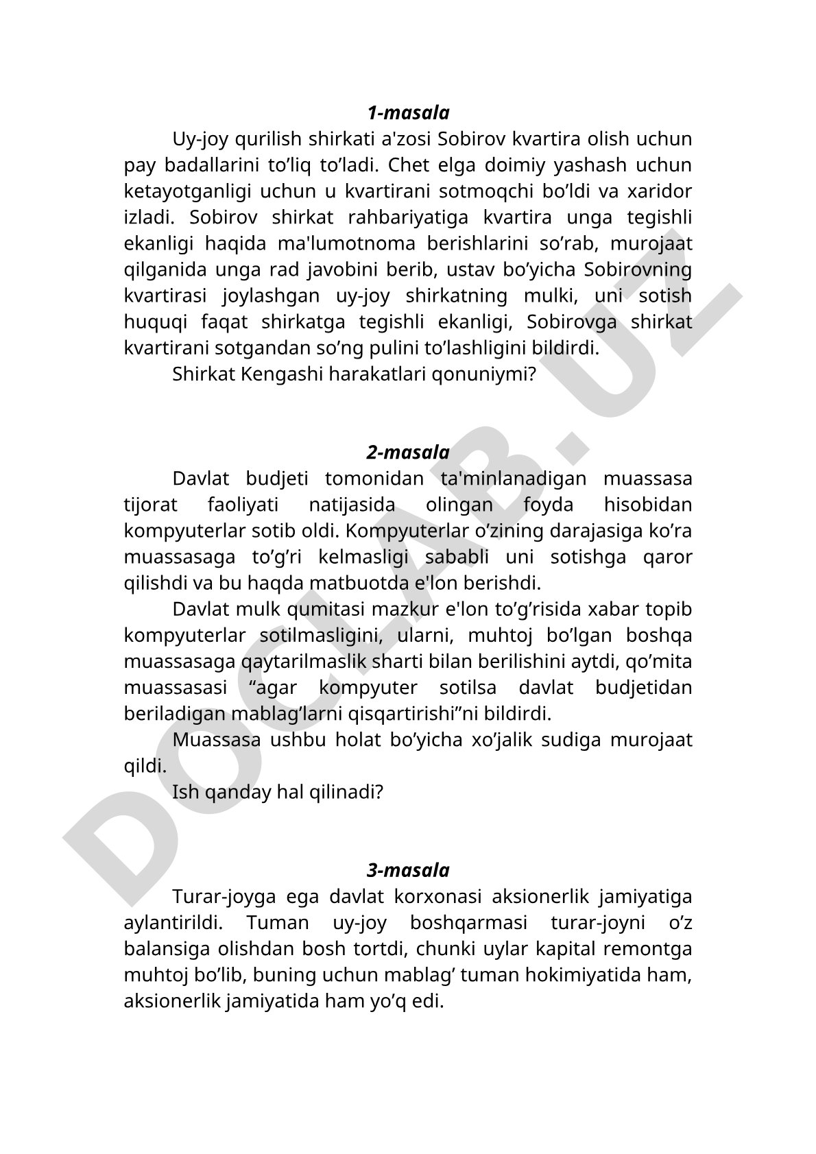 Uy-joy shirkati va davlat mulki masalalari