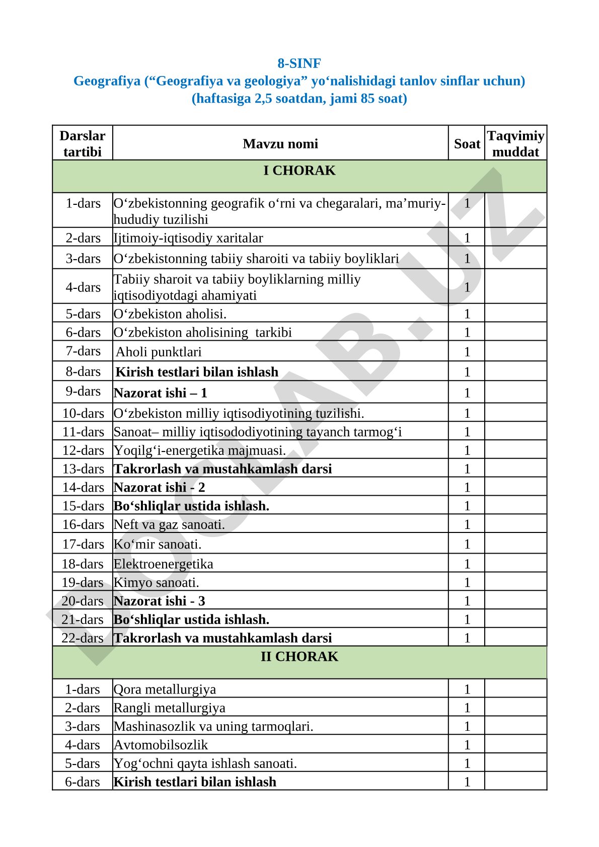 8-sinf Geografiya fanidan taqvim-mavzu rejasi