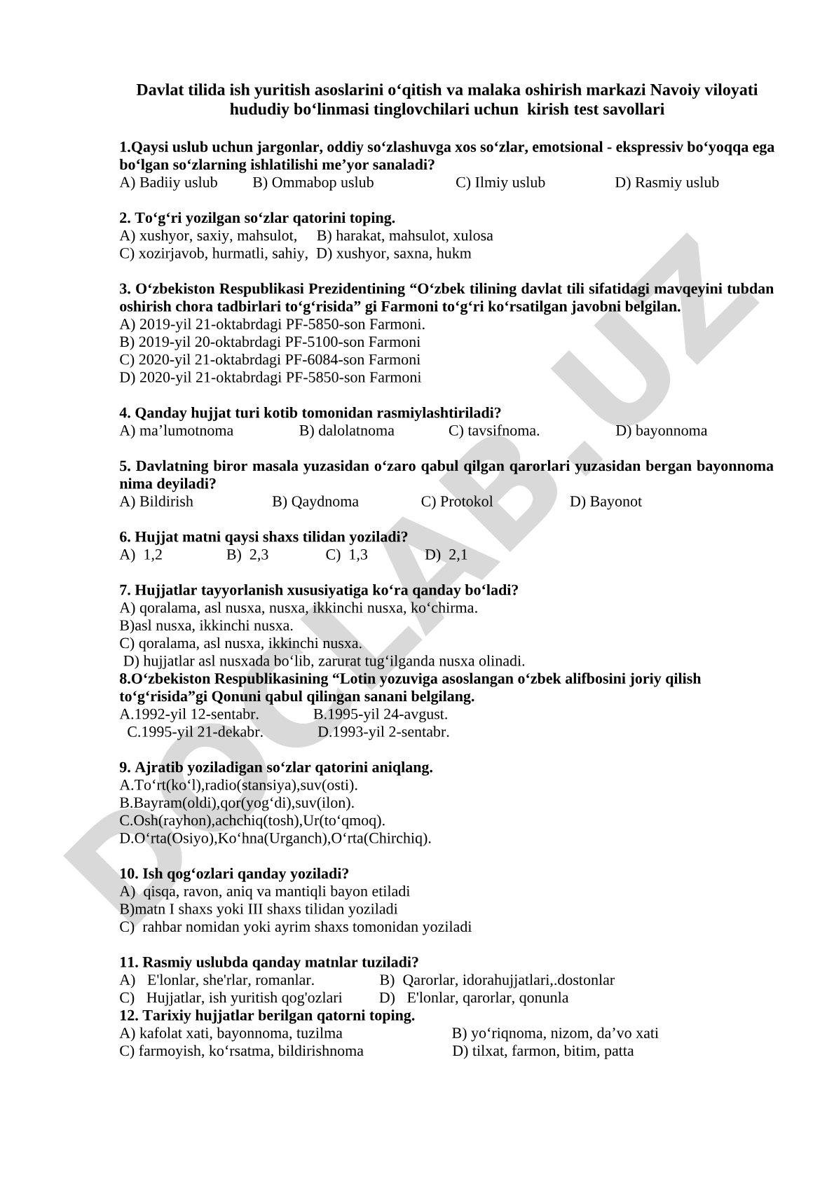 Davlat tilida ish yuritish asoslari bo‘yicha kirish test savollari