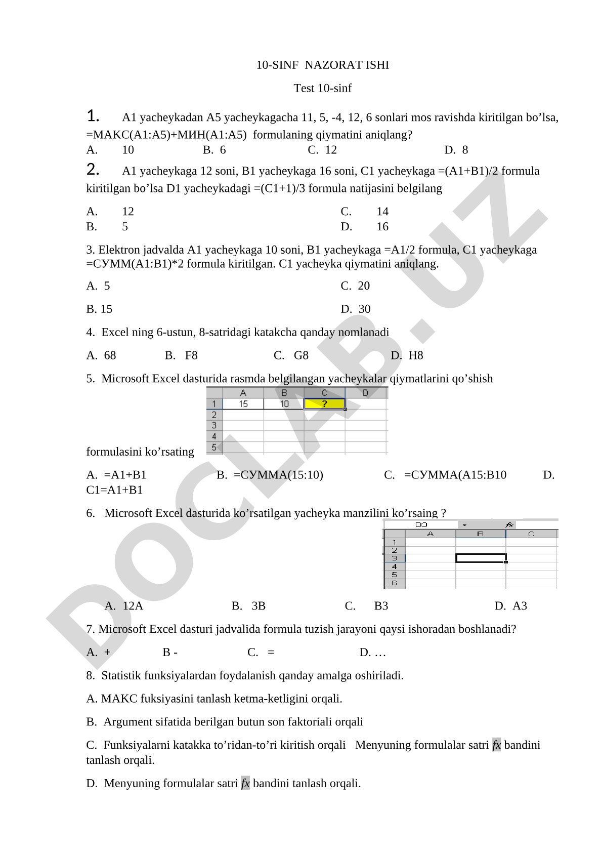 10-sinf nazorat ishi Test 10-sinf