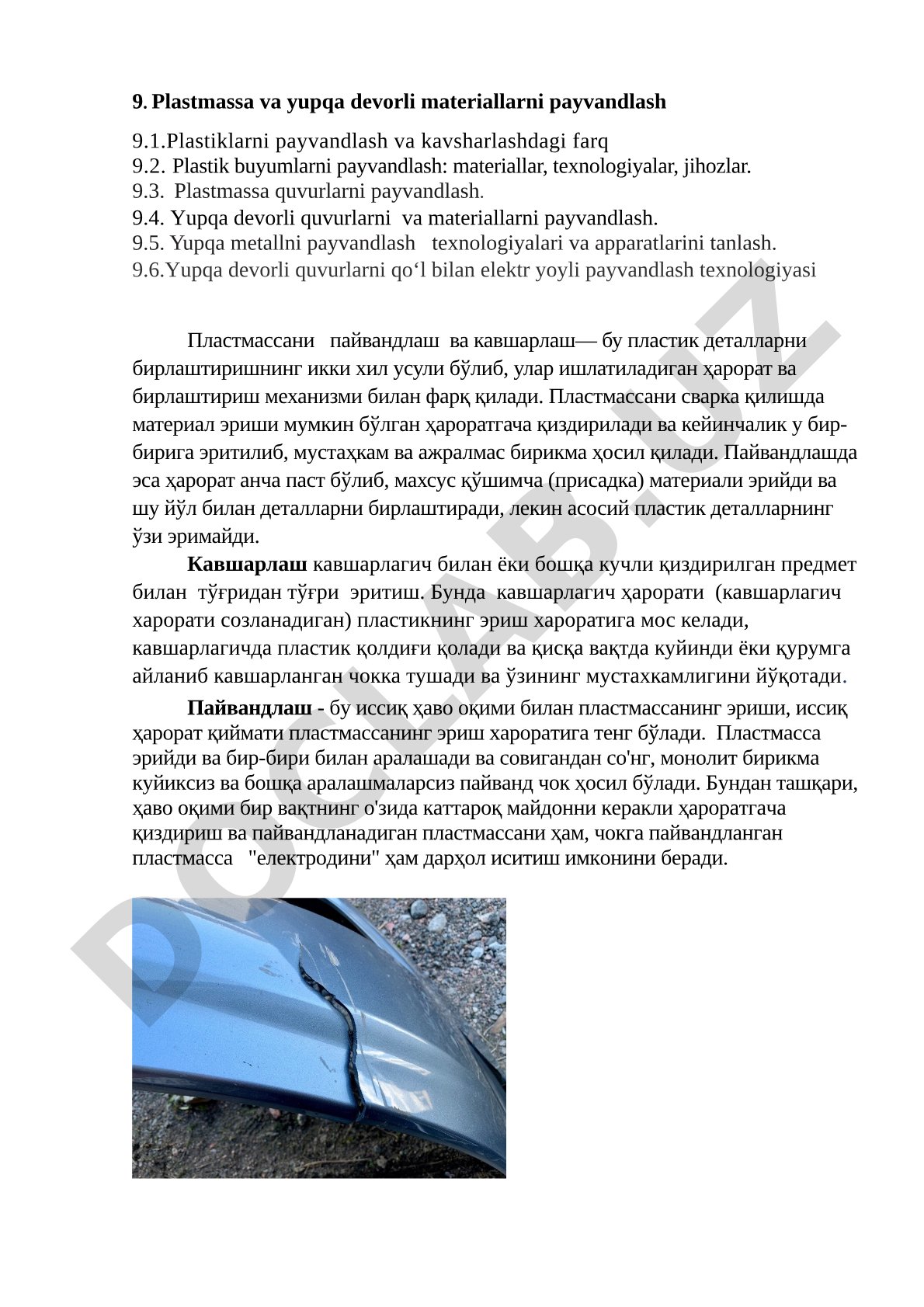 Plastmassa va yupqa devorli materiallarni payvandlash