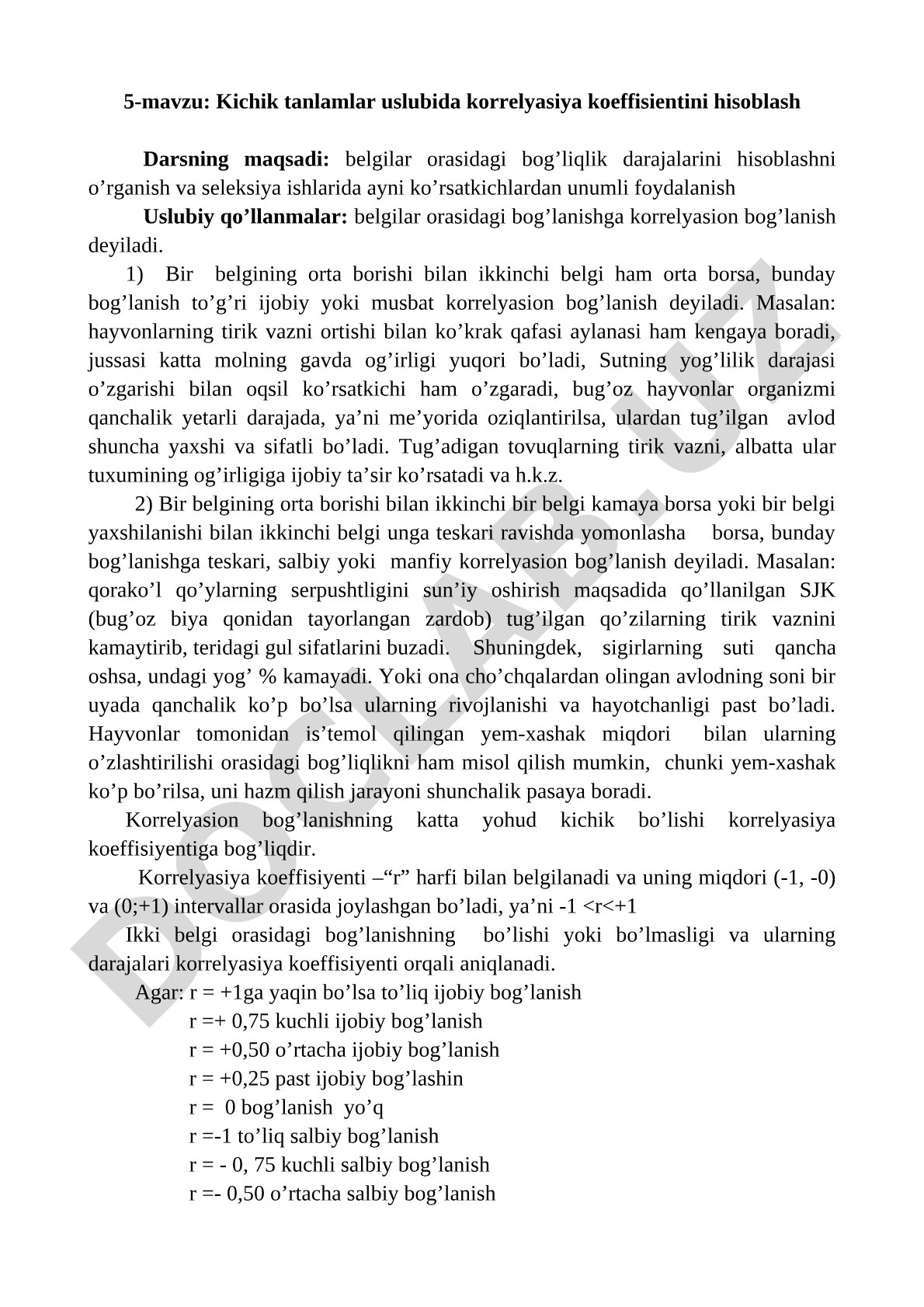 Kichik tanlamlar uslubida korrelyasiya koeffisientini hisoblash