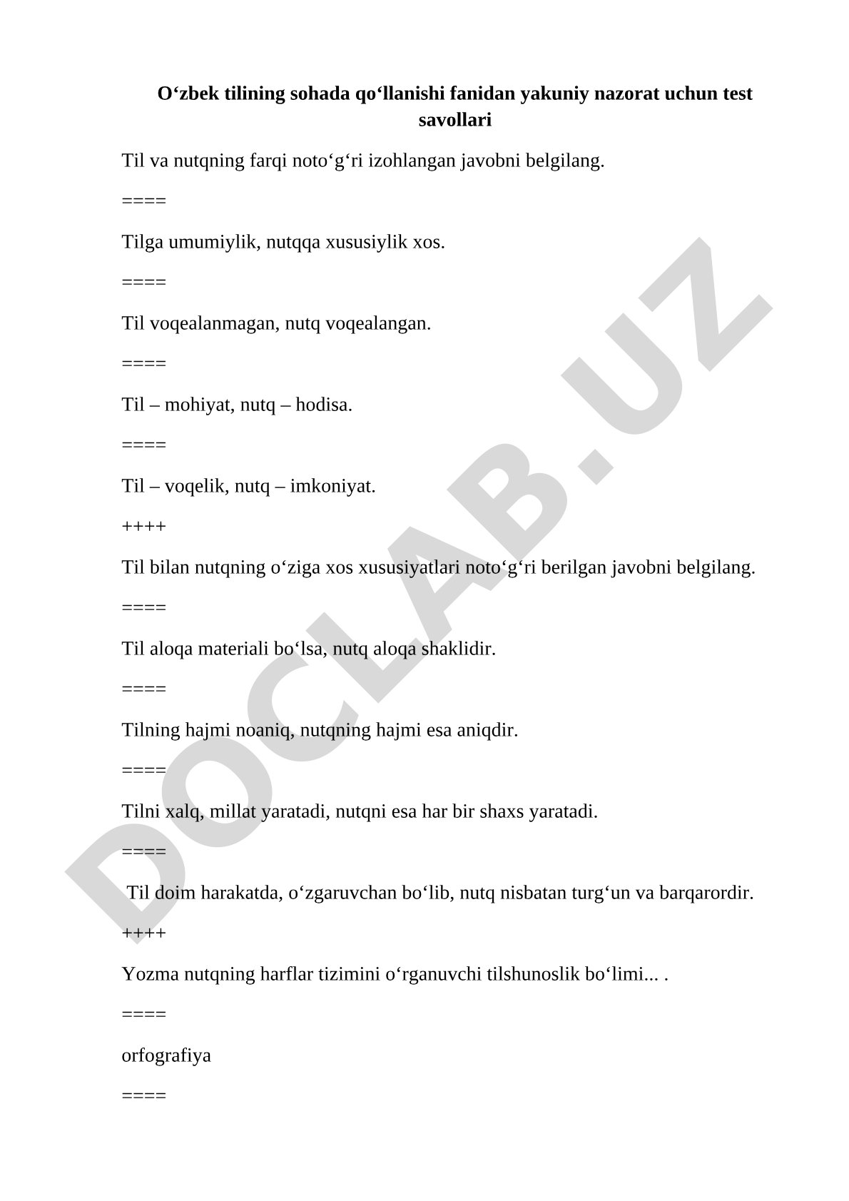 O‘zbek tilining sohada qo‘llanishi fanidan test savollari
