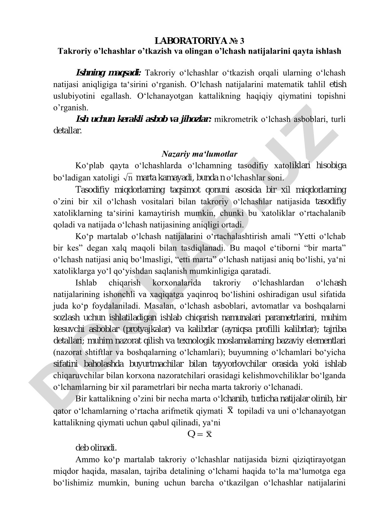 Takroriy o’lchashlar o’tkazish va olingan o’lchash natijalarini qayta ishlash