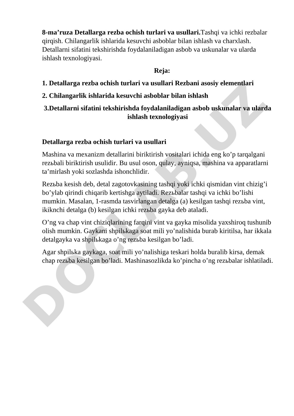 8-ma’ruza Detallarga rezba ochish turlari va usullari
