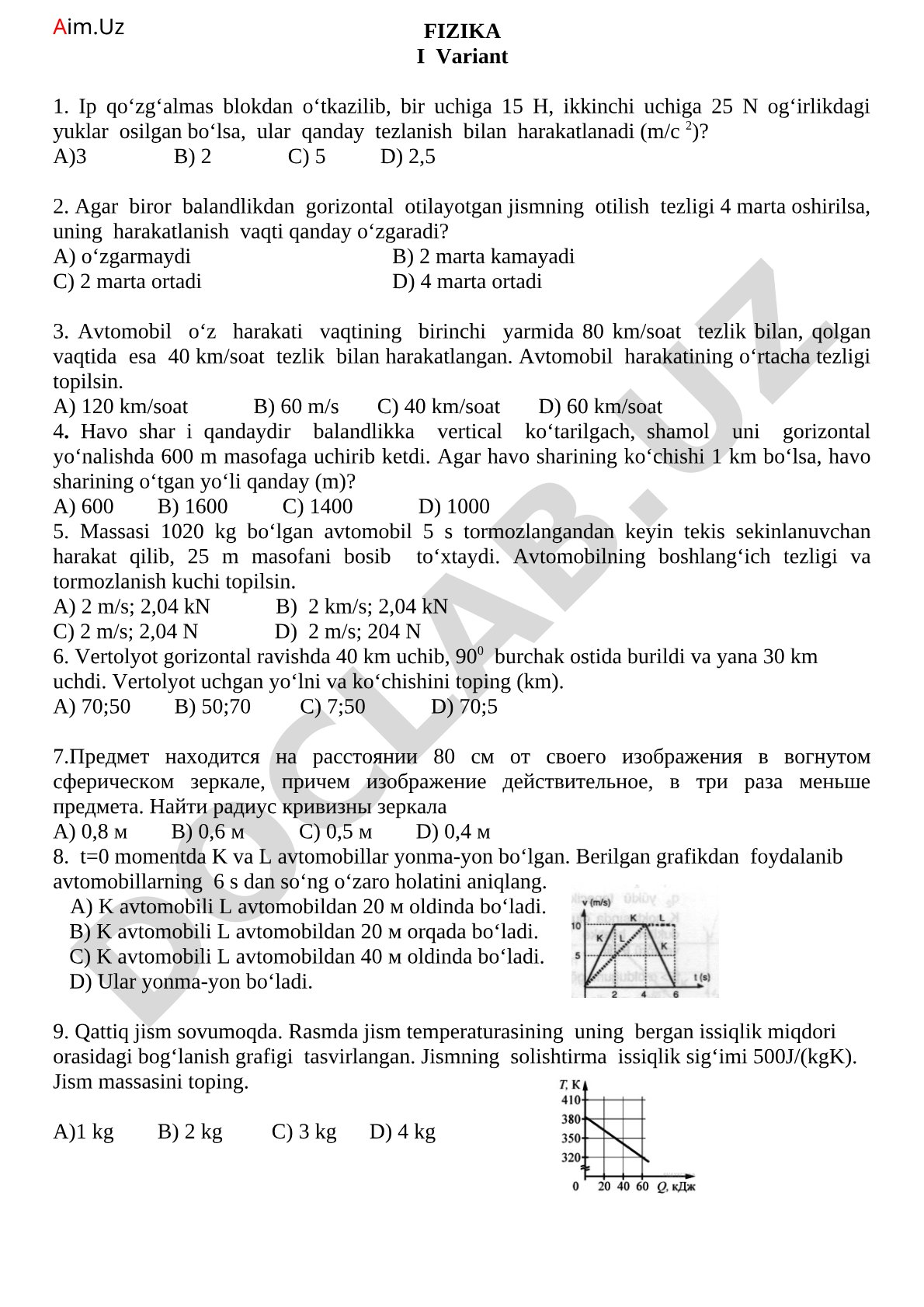 Fizika test savollari (1-variant)