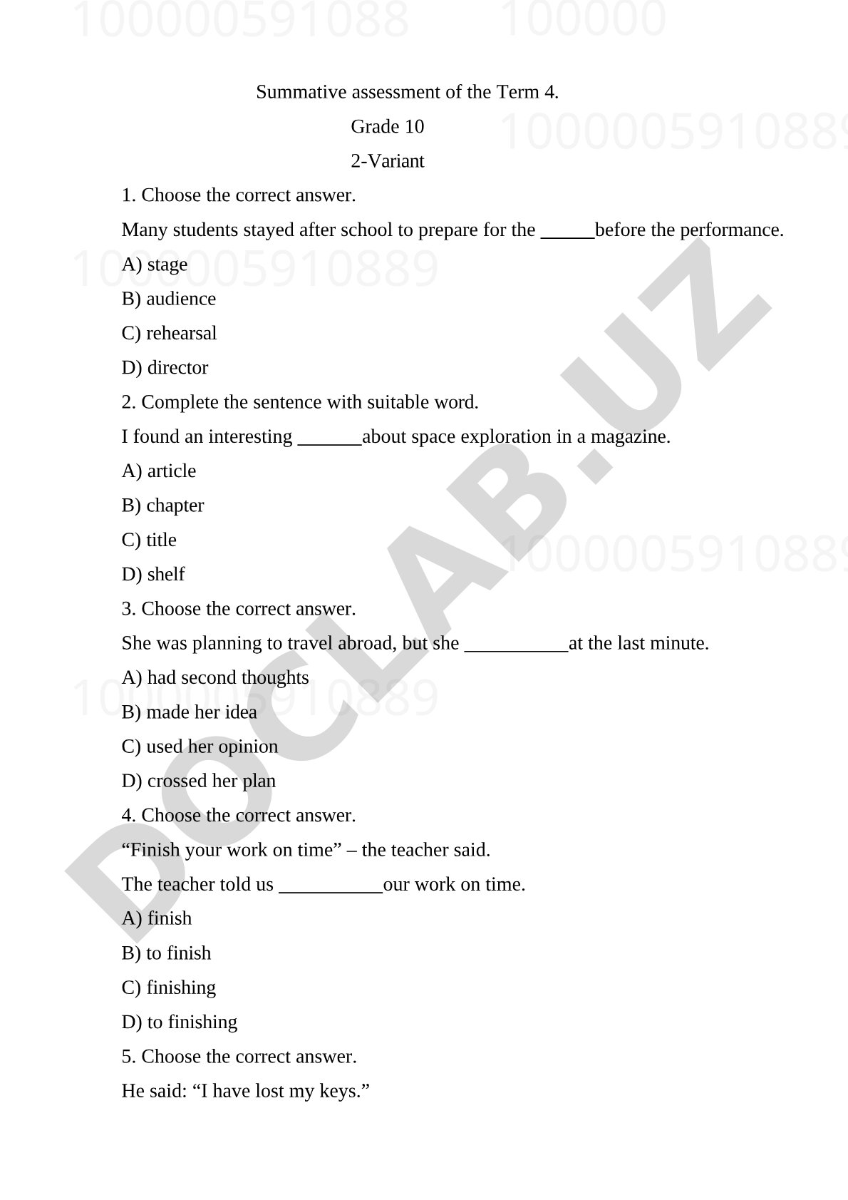 Summative assessment of the Term 4. Grade 10 2-Variant