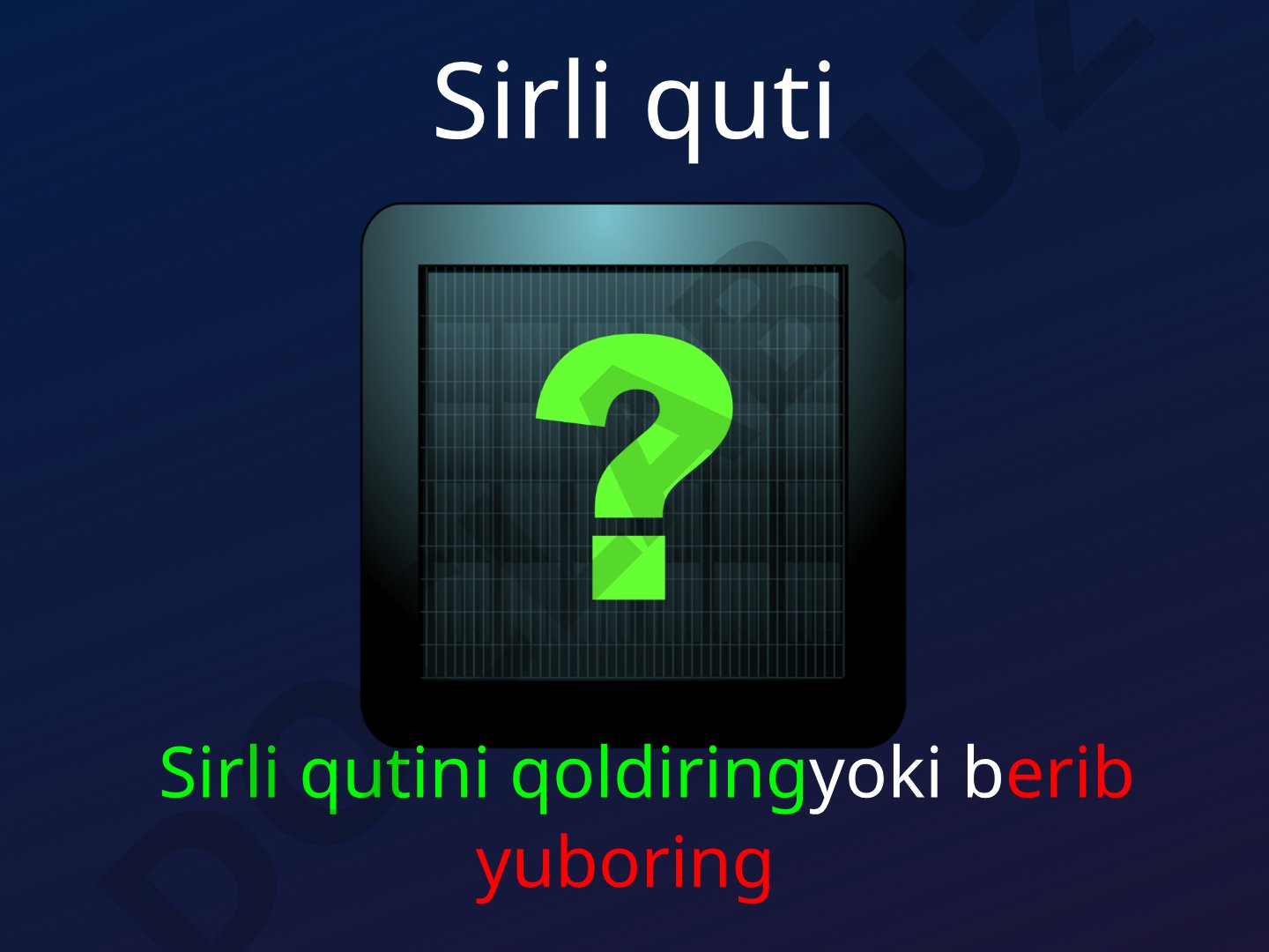 Ikki guruh uchun mo'ljallangan sirli quti o'yini savollari va qoidalari