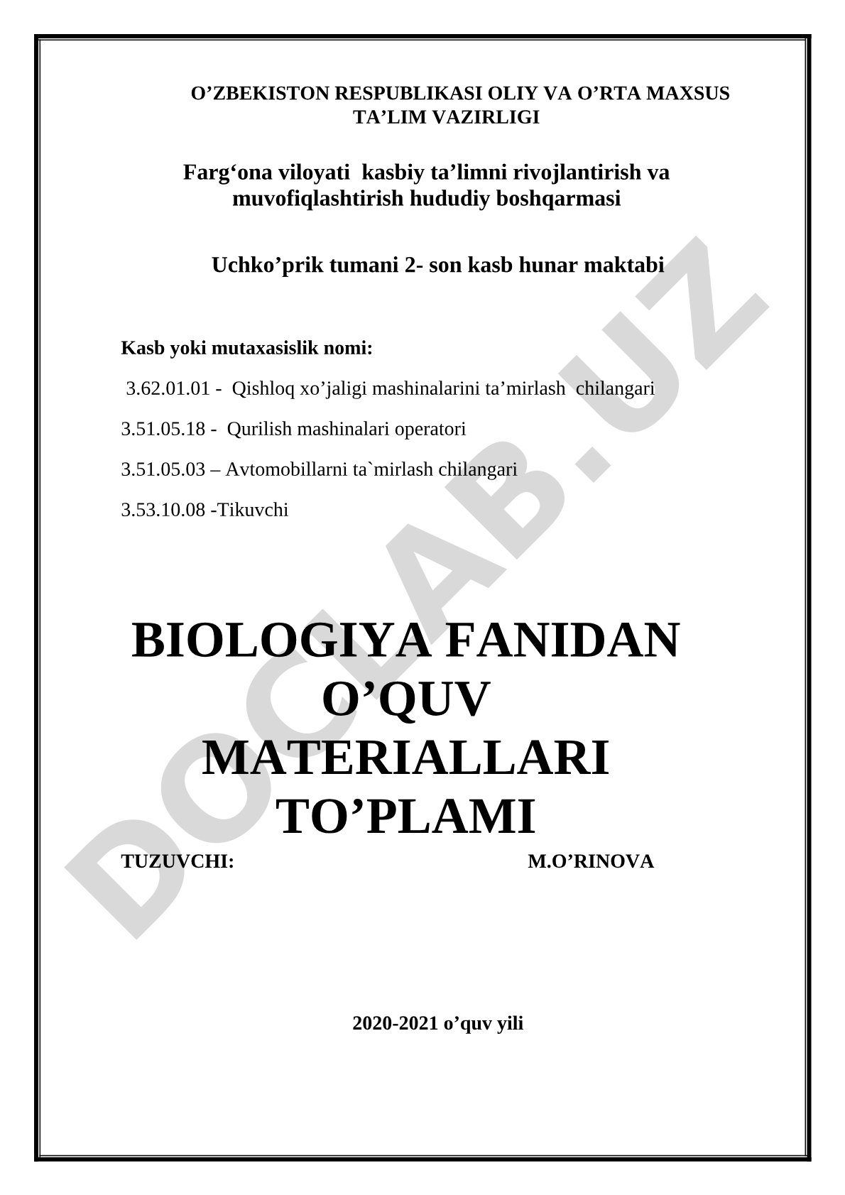 Biologiya fanidan o'quv yuklamasi va soatlar taqsimoti